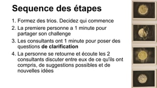 Sequence des étapes
1. Formez des trios. Decidez qui commence
2. La premiere personne a 1 minute pour
partager son challenge
3. Les consultants ont 1 minute pour poser des
questions de clarification
4. La personne se retourne et écoute les 2
consultants discuter entre eux de ce qu'ils ont
compris, de suggestions possibles et de
nouvelles idées
 