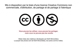 Mis à disposition par le biais d'une licence Creative Commons non
commerciale, d'attribution, de partage et de partage à l'identique
Vous pouvez les utiliser, vous pouvez les partager,
mais vous ne pouvez pas les vendre
Slides tirées des matériaux développés par Keith McCandless
La plupart des photos sont de Keith McCandless, les autres comme notées.
 