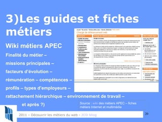 3)Les guides et fiches métiers Wiki métiers APEC Finalité du métier –  missions principales –  facteurs d’évolution –  rém...