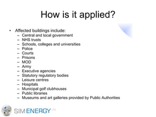 How is it applied? Affected buildings include: Central and local government NHS trusts Schools, colleges and universities Police Courts Prisons MOD Army Executive agencies Statutory regulatory bodies Leisure centres Hospitals Municipal golf clubhouses Public libraries Museums and art galleries provided by Public Authorities 