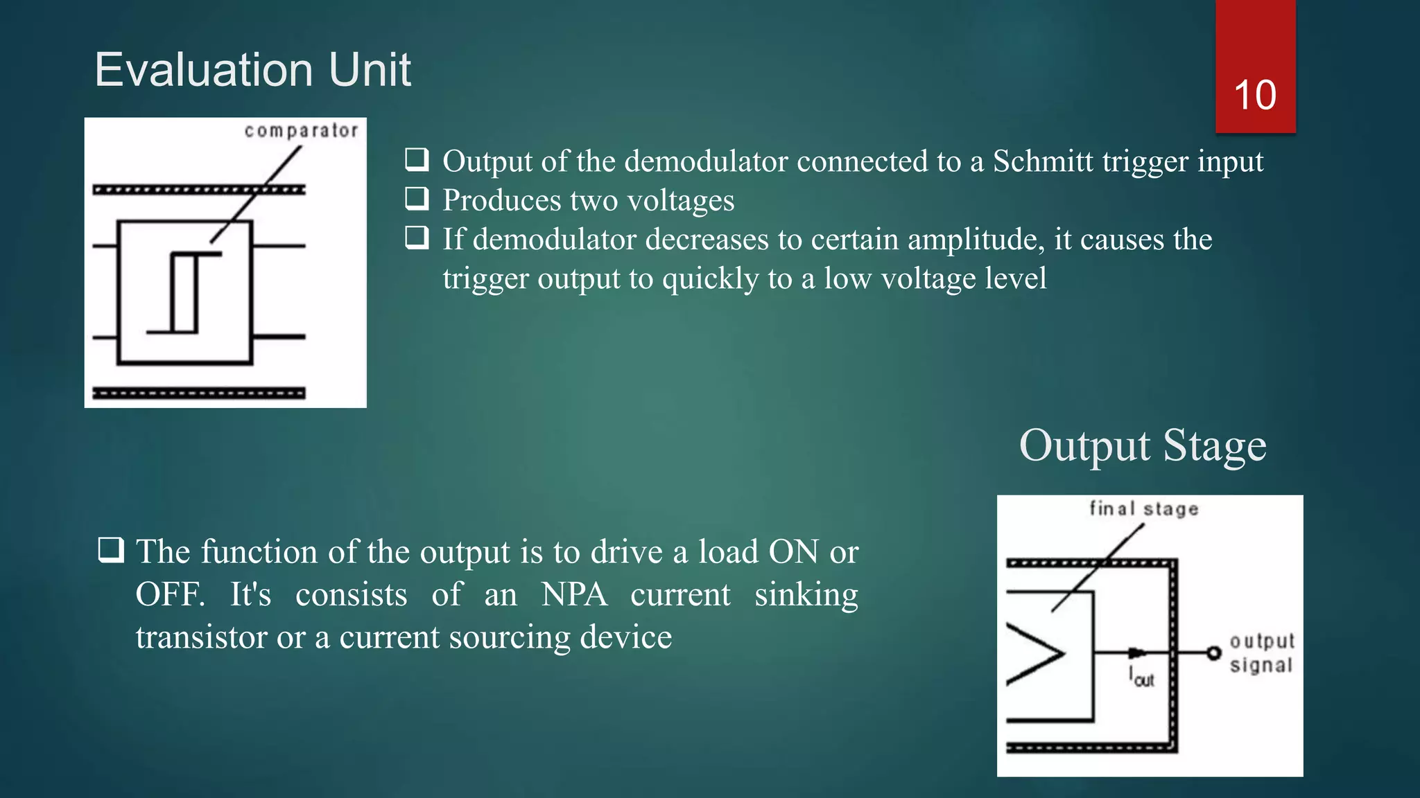 10
Evaluation Unit
 The function of the output is to drive a load ON or
OFF. It's consists of an NPA current sinking
transistor or a current sourcing device
Output Stage
 Output of the demodulator connected to a Schmitt trigger input
 Produces two voltages
 If demodulator decreases to certain amplitude, it causes the
trigger output to quickly to a low voltage level
 