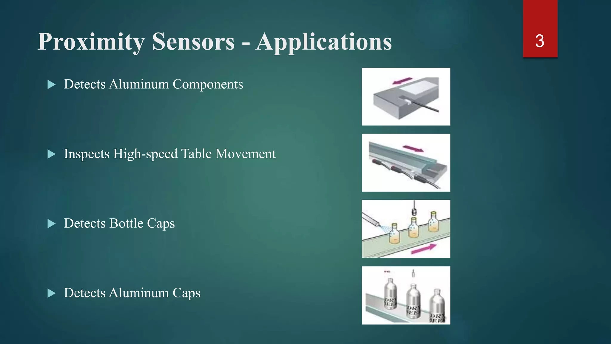 Proximity Sensors - Applications
• Detects Aluminum Components
• Inspects High-speed Table Movement
• Detects Bottle Caps
• Detects Aluminum Caps
3
 