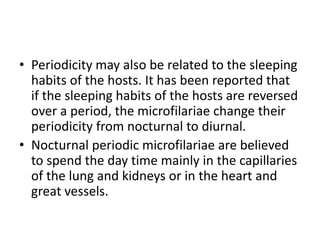 • Periodicity may also be related to the sleeping
habits of the hosts. It has been reported that
if the sleeping habits of the hosts are reversed
over a period, the microfilariae change their
periodicity from nocturnal to diurnal.
• Nocturnal periodic microfilariae are believed
to spend the day time mainly in the capillaries
of the lung and kidneys or in the heart and
great vessels.
 