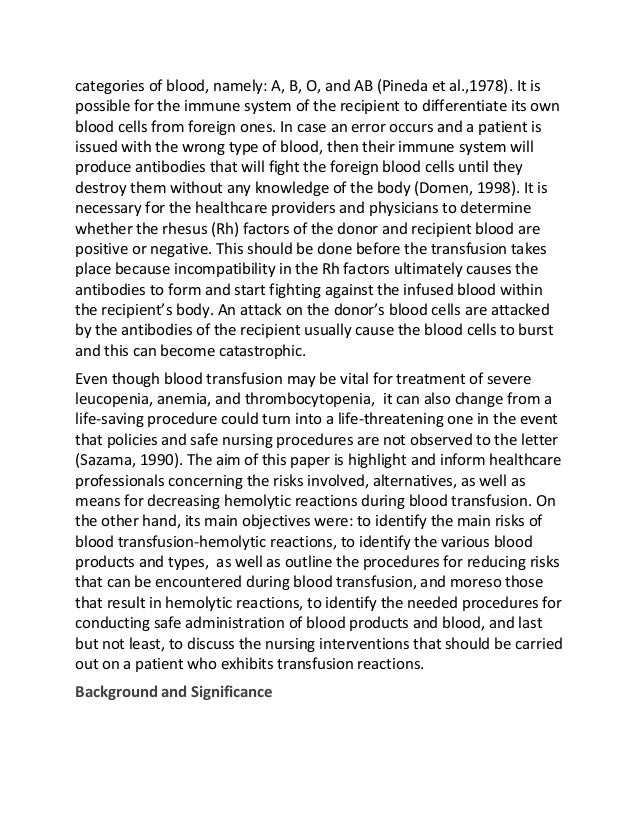 Decreasing hemolytic reaction in donor acquired blood products essay