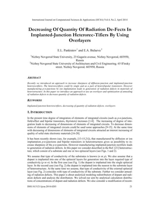 International Journal on Computational Sciences & Applications (IJCSA) Vol.4, No.2, April 2014
DOI:10.5121/ijcsa.2014.4203 21
Decreasing Of Quantity Of Radiation De-Fects In
Implanted-Junction Heterorec-Tifiers By Using
Overlayers
E.L. Pankratov1
and E.A. Bulaeva 2
1
Nizhny Novgorod State University, 23 Gagarin avenue, Nizhny Novgorod, 603950,
Russia
2
Nizhny Novgorod State University of Architecture and Civil Engineering, 65 Il'insky
street, Nizhny Novgorod, 603950, Russia
ABSTRACT
Recently we introduced an approach to increase sharpness of diffusion-junction and implanted-junction
heterorectifiers. The heterorectifiers could by single and as a part of heterobipolar transistors. However
manufacturing p-n-junctions by ion implantation leads to generation of radiation defects in materials of
heterostructure. In this paper we introduce an approach to use an overlayer and optimization of annealing
of radiation defects to decrease quantity of radiation defects.
KEYWORDS
Implanted-junction heterorectifiers, decreasing of quantity of radiation defects, overlayers
1. INTRODUCTION
In the present time degree of integration of elements of integrated circuits (such as p-n-junctions,
field-effect and bipolar transistors, thyristors) increases [1-8]. The increasing of degree of inte-
gration leads to decreasing of dimensions of elements of integrated circuits. To decrease dimen-
sions of elements of integrated circuits could be used some approaches [9-15]. At the same time
with decreasing of dimensions of elements of integrated circuits attracted an interest increasing of
quality of solid state electronic materials [16-20].
It has been recently shown (see, for example, [13-15,21]), that manufactured by diffusion or ion
implantation p-n-junctions and bipolar transistors in heterostructures gives us possibility to in-
crease sharpness of the p-n-junctions. However manufacturing implanted-junction rectifiers leads
to generation of radiation defects. In this paper we consider described in the Ref. [21] heterostruc-
ture, which consist of a substrate and one or two epitaxial layers (see Figs. 1 and 2).
We assume that type of conductivity of the substrates is known (n or p). We also assume that a
dopant is implanted into one of the epitaxial layers for generation into the layer required type of
conductivity (p or n). In the first case (see Fig. 1) the dopant is implanted into the single epitaxial
layer. In the second case (see Fig. 2) the dopant is implanted into the nearest to the substrate layer
of heterostructure. At the same time we assume, that type of conductivity of the external epitaxial
layer (see Fig. 2) coincides with type of conductivity of the substrate. Farther we consider anneal-
ing of radiation defects. This paper is about analytical modeling redistribution of dopant and radi-
ation defects and analysis the distribution. We solved our aim by analytical calculation distribu-
tions of concentrations of dopant and radiation defects. We also consider a modification of recent-
 