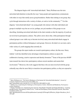 16
The diagram begins with “networked individuals.” Barry Wellman uses the term
networked individualism to describe the ways “many people and organizations communicate
with others in ways that ramify across group boundaries. Rather than relating to one group, they
cycle through interactions with a variety of others, at work or in the community.”31
For this
diagram, “networked individuals” are young people who interact with other individuals and
groups in multiple ways but are not (or, perhaps, not yet) members of the groups we are
describing. Including networked individuals in the chart reminds us that the majority of youth are
not involved in participatory cultures. The yellow arrow shows that, while participation through
cultural groups is one viable way to become involved, many networked individuals engage in
participatory politics without belonging to such groups. However, the ideal is to see more, and a
wider variety of, youth engaging than currently do.
The groups this report studies are rooted in participatory culture, the blue area. Henry
Jenkins’ work has identified some advantages of participatory cultures as spaces for
collaborative learning, creative expression and identity formation.32
Some of the previous MAPP
team research has shown how participatory cultures recruit members and sustain their
involvement.33
Moreover, this work suggests that those who are more involved with the group
culturally may often be more likely to transition into participatory politics, as they are exposed to
31
Barry Wellman et al., “The Social Affordances of the Internet for Networked Individualism”, Journal of
Computer Mediated Communication 8(3) (2003), see
http://onlinelibrary.wiley.com/doi/10.1111/j.1083-6101.2003.tb00216.x/full
32
Jenkins et al., Confronting the Challenges of Participatory Culture; Delwiche and Henderson, Participatory
Culture Handbook.
33
Kligler-Vilenchik et al., Experiencing Fan Activism; Neta Kligler-Vilenchik and Sangita Shresthova, “Learning
through Practice: Participatory Culture Civics,” Youth and Participatory Politics Research Network, MacArthur
Foundation (2012). See
http://ypp.dmlcentral.net/sites/all/files/publications/Learning%20Through%20Practice_Kligler-Shresthova_Oct-2-
2012.pdf
 