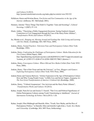 79
and Cultures 8 (2012).
http://journal.transformativeworks.org/index.php/twc/article/view/392/252
Hellekson, Karen and Kristina Busse, Fan fiction and Fan Communities in the Age of the
Internet. (Jefferson, NC: McFarland, 2001).
Hennion, Antoine “Those Things That Hold Us Together: Taste and Sociology”, Cultural
Sociology 1 (2007), 97-114.
Hinck, Ashley, “Theorizing a Public Engagement Keystone: Seeing Fandom's Integral
Connection to Civic Engagement through the Case of the Harry Potter Alliance”,
Transformative Works and Cultures 10 (2012).
Ito, Mizuko et al., Hanging out, Messing Around and Geeking Out: Kids Living and Learning
with New Media. (Cambridge, MA: MIT Press, 2009).
Jenkins, Henry, Textual Poachers: Television Fans and Participatory Culture (New York:
Routledge, 1992).
Jenkins, Henry, Confronting the Challenges of Participatory Culture: Media Education for the
21st Century (White Paper), 2006.
http://digitallearning.macfound.org/site/c.enJLKQNlFiG/b.2108773/apps/nl/content2.asp
?content_id={CD911571-0240-4714-A93B-1D0C07C7B6C1}&notoc=1
Jenkins, Henry, Convergence Culture: Where Old and New Media Collide (New York: NYU
Press, 2006).
Jenkins, Henry, “Out of the Closet and into the Universe”, in Fans, Bloggers and Gamers:
Exploring Participatory Culture (New York: NYU Press, 2006).
Jenkins Henry and Vanessa Bertozzi, “Artistic Expression in the Age of Participatory Culture:
How and Why Young People Create,” in Billy Ivey and Steven Tepper, Engaging Art:
The Next Great Transformation of America’s Cultural Life (Routledge, 2008).
Jenkins, Henry, “’Cultural Acupuncture’: Fan Activism and the Harry Potter Alliance”,
Transformative Works and Cultures 10 (2012).
Kahne, Joseph, Nam-Jin Lee and Jessica T. Feezell, “The Civic and Political Significance of
Online Participatory Cultures among Youth Transitioning to Adulthood.” Journal of
Information Technology & Politics 10(1) (2013): 1-20.
Kahne, Joseph, Ellen Middaugh and Danielle Allen, “Youth, New Media, and the Rise of
Participatory Politics,” in Danielle Allen and Jennifer Light (Eds.), Youth, New Media
and Citizenship. (Cambridge, MA: MIT Press, forthcoming).
 