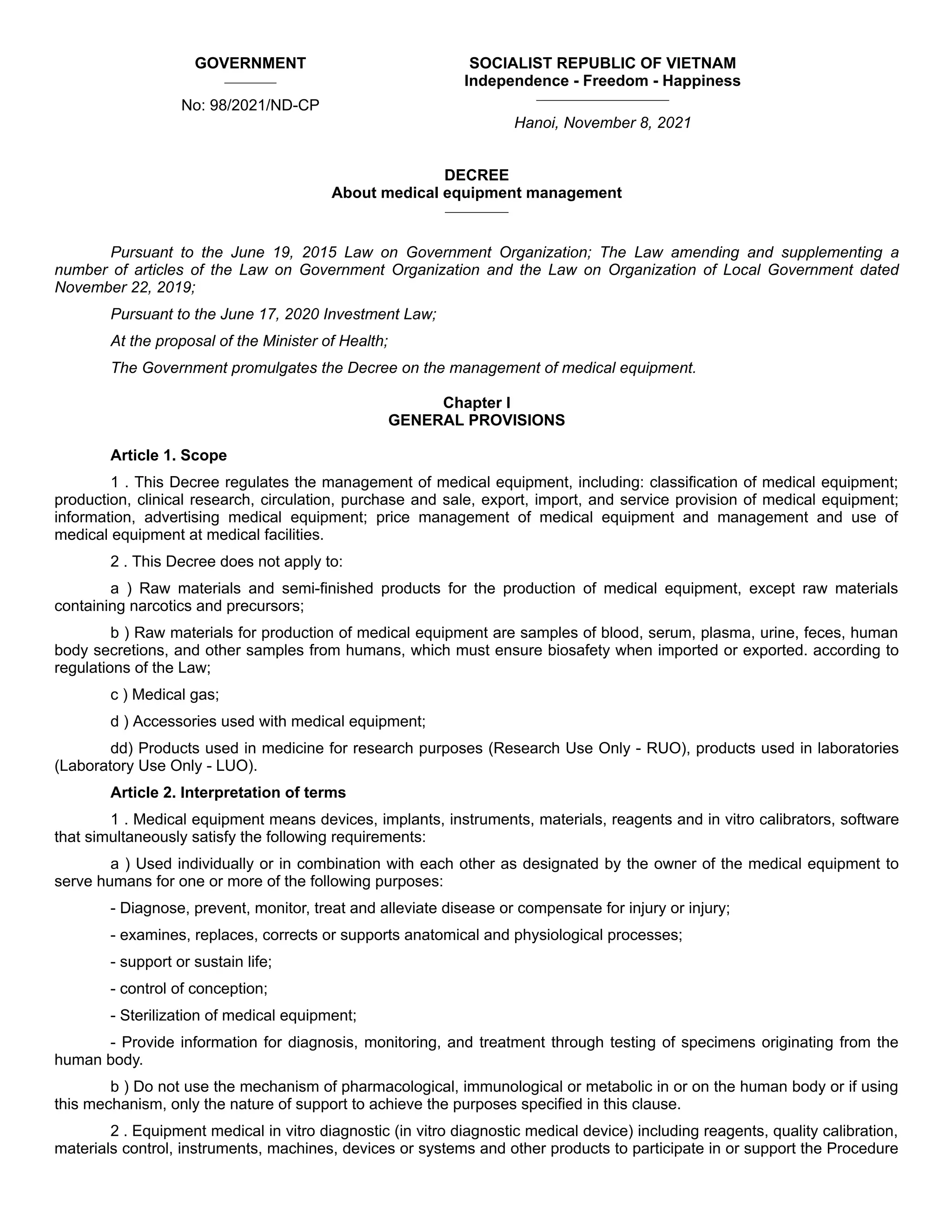 Decree 98/2021/NĐCP About medical equipment management PDF