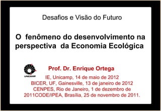 Desafios e Visão do Futuro
Prof. Dr. Enrique Ortega
IE, Unicamp, 14 de maio de 2012
BICER, UF, Gainesville, 13 de janeiro de 2012
CENPES, Rio de Janeiro, 1 de dezembro de
2011CODE/IPEA, Brasília, 25 de novembro de 2011.
O fenômeno do desenvolvimento na
perspectiva da Economia Ecológica
 
