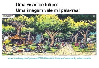 Uma imagem vale mil palavras!
www.wendmag.com/greenery/2010/06/a-short-history-of-america-by-robert-crumb/
Uma visão de futuro: Ecotopia
 
