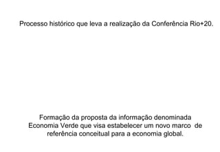 Formação da proposta da informação denominada
Economia Verde que visa estabelecer um novo marco de
referência conceitual para a economia global.
Processo histórico que leva a realização da Conferência Rio+20.
 