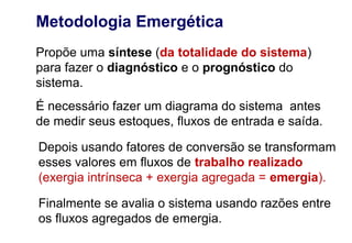 Metodologia Emergética
Propõe uma síntese (da totalidade do sistema)
para fazer o diagnóstico e o prognóstico do
sistema.
É necessário fazer um diagrama do sistema antes
de medir seus estoques, fluxos de entrada e saída.
Depois usando fatores de conversão se transformam
esses valores em fluxos de trabalho realizado
(exergia intrínseca + exergia agregada = emergia).
Finalmente se avalia o sistema usando razões entre
os fluxos agregados de emergia.
 