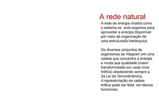 A rede de energia mostra como
o sistema se auto-organiza para
aproveitar a energia disponível
por meio da organização de
uma estruturada hierárquica.
Os diversos conjuntos de
organismos se integram em uma
cadeia que concentra a energia
e muda sua qualidade (maior
transformidade em cada nível
trófico) obedecendo sempre a
2a Lei da Termodinâmica.
A representação da cadeia
trófica pode ser feita em blocos
funcionais.
A rede natural
 