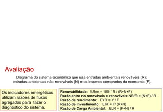 Renovabilidade: %Ren = 100 * R / (R+N+F)
Razão entre no renováveis e renováveis:NR/R = (N+F) / R
Razão de rendimento: EYR = Y / F
Razão de Investimento: EIR = F/ (R+N)
Razão de Carga Ambiental: ELR = (F+N) / R
Diagrama do sistema econômico que usa entradas ambientais renováveis (R);
entradas ambientais não renováveis (N) e os insumos comprados da economia (F).
Os indicadores emergéticos
utilizam razões de fluxos
agregados para fazer o
diagnóstico do sistema.
Avaliação
 