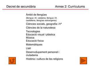 Decret de secundària  Annex 2: Currículums Àmbit de llengües (llengua i lit. catalana, llengua i lit. castellana, llengües estrangeres) Ciències socials, geografia i hª Ciències de la naturalesa Tecnologies Educació visual i plàstica  Música Educació física Matemàtiques Llatí Desenvolupament personal i ciutadania Història i cultura de les religions 