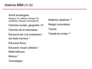 Matèries  ESO   (1r-3r)   Àmbit de llengües (llengua i lit. catalana, llengua i lit. castellana, llengues estrangeres) Ciències socials, geografia i hª Ciències de la naturalesa Educació per a la ciutadania i els drets humans * Educació física Educació visual i plàstica * Matemàtiques Música * Tecnologies Matèries optatives ** Religió (voluntària) Tutoria Treball de síntesi ** 
