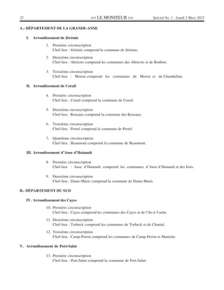 << LE MONITEUR >>32 Spécial No. 1 - Lundi 2 Mars 2015
A.- DÉPARTEMENT DE LA GRANDE-ANSE
I. Arrondissement de Jérémie
1. Première circonscription
Chef-lieu : Jérémie comprend la commune de Jérémie.
2. Deuxième circonscription
Chef-lieu : Abricots comprend les communes des Abricots et de Bonbon.
3. Troisième circonscription
Chef-lieu : Moron comprend les communes de Moron et de Chambellan.
II. Arrondissement de Corail
4. Première circonscription
Chef-lieu : Corail comprend la commune de Corail.
5. Deuxième circonscription
Chef-lieu : Roseaux comprend la commune des Roseaux.
6. Troisième circonscription
Chef-lieu : Pestel comprend la commune de Pestel.
7. Quatrième circonscription
Chef-lieu : Beaumont comprend la commune de Beaumont.
III. Arrondissement d’Anse d’Hainault
8. Première circonscription
Chef-lieu : Anse d’Hainault comprend les communes d’Anse d’Hainault et des Irois.
9. Deuxième circonscription
Chef-lieu : Dame-Marie comprend la commune de Dame-Marie.
B.- DÉPARTEMENT DU SUD
IV. Arrondissement des Cayes
10. Première circonscription
Chef-lieu : Cayes comprend les communes des Cayes et de l’île-à-Vache.
11. Deuxième circonscription
Chef-lieu : Torbeck comprend les communes de Torbeck et de Chantal.
12. Troisième circonscription
Chef-lieu : Camp-Perrin comprend les communes de Camp-Perrin et Maniche.
V. Arrondissement de Port-Salut
13. Première circonscription
Chef-lieu : Port-Salut comprend la commune de Port-Salut.
 