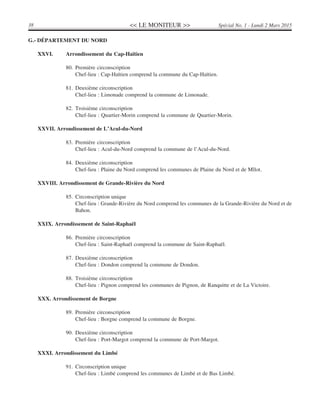<< LE MONITEUR >>38 Spécial No. 1 - Lundi 2 Mars 2015
G.- DÉPARTEMENT DU NORD
XXVI. Arrondissement du Cap-Haïtien
80. Première circonscription
Chef-lieu : Cap-Haïtien comprend la commune du Cap-Haïtien.
81. Deuxième circonscription
Chef-lieu : Limonade comprend la commune de Limonade.
82. Troisième circonscription
Chef-lieu : Quartier-Morin comprend la commune de Quartier-Morin.
XXVII. Arrondissement de L’Acul-du-Nord
83. Première circonscription
Chef-lieu : Acul-du-Nord comprend la commune de l’Acul-du-Nord.
84. Deuxième circonscription
Chef-lieu : Plaine du Nord comprend les communes de Plaine du Nord et de Mîlot.
XXVIII. Arrondissement de Grande-Rivière du Nord
85. Circonscription unique
Chef-lieu : Grande-Rivière du Nord comprend les communes de la Grande-Rivière du Nord et de
Bahon.
XXIX. Arrondissement de Saint-Raphaël
86. Première circonscription
Chef-lieu : Saint-Raphaël comprend la commune de Saint-Raphaël.
87. Deuxième circonscription
Chef-lieu : Dondon comprend la commune de Dondon.
88. Troisième circonscription
Chef-lieu : Pignon comprend les communes de Pignon, de Ranquitte et de La Victoire.
XXX. Arrondissement de Borgne
89. Première circonscription
Chef-lieu : Borgne comprend la commune de Borgne.
90. Deuxième circonscription
Chef-lieu : Port-Margot comprend la commune de Port-Margot.
XXXI. Arrondissement du Limbé
91. Circonscription unique
Chef-lieu : Limbé comprend les communes de Limbé et de Bas Limbé.
 