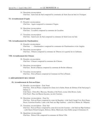 << LE MONITEUR >> 33Spécial No. 1 - Lundi 2 Mars 2015
14. Deuxième circonscription
Chef-lieu : Saint Jean du Sud comprend les communes de Saint Jean du Sud et d’Arniquet.
VI. Arrondissement d’
Aquin
15. Première circonscription
Chef-lieu : Aquin comprend la commune d’Aquin.
16. Deuxième circonscription
Chef-lieu : Cavaillon comprend la commune de Cavaillon.
17. Troisième circonscription
Chef-lieu : Saint-Louis du Sud comprend la commune de Saint-Louis du Sud.
VII. Arrondissement des Chardonnières
18. Première circonscription
Chef-lieu : Chardonnières comprend les communes de Chardonnières et des Anglais.
19. Deuxième circonscription
Chef-lieu : Tiburon comprend la commune de Tiburon et le quartier de la Cahôanne.
VIII. Arrondissement des Côteaux
20. Première circonscription
Chef-lieu : Côteaux comprend la commune des Côteaux.
21. Deuxième circonscription
Chef-lieu : Roche-à-Bateau comprend la commune de Roche-à-Bateau.
22. Troisième circonscription
Chef-lieu : Port-à-Piment comprend la Commune de Port-à-Piment.
C- DÉPARTEMENT DE L’OUEST
IX. Arrondissement de Port-au-Prince
23. Première circonscription - Zone Nord
Chef-lieu : Port-au-Prince comprend les Zones de la Saline, Route de Delmas (Côté Sud jusqu’à
Delmas 2)
Côté Ouest : Christ-Roi, Musseau, Bourdon, Côté Nord, avenue John Brown, Lalue
Côté Nord : Place du Marron Inconnu, rue des Casernes.
24. Deuxième circonscription - Zone Est
Chef-lieu : Port-au-Prince comprend les zones de Bourdon - (côté Sud) Canapé Vert, Bois Patate,
Pacot, Carrefour-Feuilles, Lalue (côté Sud) rue Mgr Guilloux - (côté Est à Morne de l’Hôpital).
25. Troisième circonscription - Zone Sud
Chef-lieu : Port-au-Prince comprend les zones de la rue des Casernes - côté Sud) rue Mgr Guilloux
- (côté Ouest) Portail Léogane, Bolosse, Bréat, Martissant, Sous-Dalles jusqu’à Fontamara 43.
26. Quatrième circonscription
Chef-lieu : Pétion-Ville comprend la commune de Pétion-Ville.
 