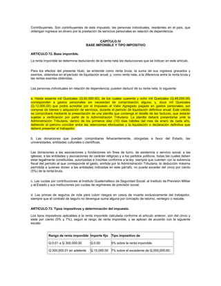 Contribuyentes. Son contribuyentes de este impuesto, las personas individuales, residentes en el país, que
obtengan ingresos en dinero por la prestación de servicios personales en relación de dependencia.


                                              CAPÍTULO IV
                                       BASE IMPONIBLE Y TIPO IMPOSITIVO

ARTICULO 72. Base imponible.

La renta imponible se determina deduciendo de la renta neta las deducciones que se indican en este artículo.


Para los efectos del presente título, se entiende como renta bruta, la suma de sus ingresos gravados y
exentos, obtenidos en el período de liquidación anual; y, como renta neta, a la diferencia entre la renta bruta y
las rentas exentas obtenidas.


Las personas individuales en relación de dependencia, pueden deducir de su renta neta, lo siguiente:


a. Hasta sesenta mil Quetzales (Q.60,000.00), de los cuales cuarenta y ocho mil Quetzales (Q.48,000.00)
corresponden a gastos personales sin necesidad de comprobación alguna; y, doce mil Quetzales
(Q.12,000.00) que podrá acreditar por el Impuesto al Valor Agregado pagado en gastos personales, por
compras de bienes o adquisición de servicios, durante el período de liquidación definitiva anual. Este crédito
se comprobará mediante la presentación de una planilla que contenga el detalle de las facturas, que estarán
sujetas a verificación por parte de la Administración Tributaria. La planilla deberá presentarse ante la
Administración Tributaria, dentro de los primeros diez (10) días hábiles del mes de enero de cada año,
debiendo el patrono conciliar entre las retenciones efectuadas y la liquidación o declaración definitiva que
deberá presentar el trabajador.


b. Las donaciones que puedan comprobarse fehacientemente, otorgadas a favor del Estado, las
universidades, entidades culturales o científicas.


Las donaciones a las asociaciones y fundaciones sin fines de lucro, de asistencia o servicio social, a las
iglesias, a las entidades y asociaciones de carácter religioso y a los partidos políticos, todas las cuales deben
estar legalmente constituidas, autorizadas e inscritas conforme a la ley, siempre que cuenten con la solvencia
fiscal del período al que corresponde el gasto, emitida por la Administración Tributaria, la deducción máxima
permitida a quienes donen a las entidades indicadas en este párrafo, no puede exceder del cinco por ciento
(5%) de la renta bruta.


c. Las cuotas por contribuciones al Instituto Guatemalteco de Seguridad Social, al Instituto de Previsión Militar
y al Estado y sus instituciones por cuotas de regímenes de previsión social.


d. Las primas de seguros de vida para cubrir riesgos en casos de muerte exclusivamente del trabajador,
siempre que el contrato de seguro no devengue suma alguna por concepto de retorno, reintegro o rescate.


ARTICULO 73. Tipos impositivos y determinación del impuesto.

Los tipos impositivos aplicables a la renta imponible calculada conforme el artículo anterior, son del cinco y
siete por ciento (5% y 7%), según el rango de renta imponible, y se aplican de acuerdo con la siguiente
escala:


            Rango de renta imponible Importe fijo        Tipo impositivo de

            Q.0.01 a Q 300,000.00         Q.0.00         5% sobre la renta imponible.

            Q.300,000.01 en adelante      Q.15,000.00 7% sobre el excedente de Q.300,000.00.
 