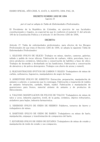 DIARIO OFICIAL. AÑO CXXX. N. 41473. 4, AGOSTO, 1994. PAG. 24.
DECRETO NUMERO 1832 DE 1994
(agosto 3)

por el cual se adopta la Tabla de Enfermedades Profesionales.
El Presidente de la República de Colombia, en ejercicio de sus facultades
constitucionales y legales, en especial las que le confieren el numeral 11 del artículo
189 de la Constitución Política y el artículo 11 del Decreto 1295 de 1994,
DECRETA:
Artículo 1º. Tabla de enfermedades profesionales. para efectos de los Riesgos
Profesionales de que trata el Decreto 1295 de 1994, se adopta la siguiente Tabla de
Enfermedades Profesionales:
1. SILICOSIS (POLVO DE SILICE): Trabajos en minas, túneles, canteras, galerías,
tallado y pulido de rocas silíceas. Fabricación de carburo, vidrio, porcelana, loza y
otros productos cerámicos, fabricación y conservación de ladrillos a base de sílice.
Trabajos de desmolde y desbarbado en las fundiciones. Fabricación y conservación
de abrasivos y de polvos detergentes. Trabajos con chorro de arena y esmeril.
2. SILICOANTRACOSIS (POTVOS DE CARBON Y SILICE): Trabajadores de minas de
carbón, carboneros, fogoneros, manipuladores de negro de humo.
3. ASBESTOSIS (POLVO DE ASBESTO): Extracción, preparación, manipulación de
amianto o asbesto, o sustancias que lo contengan. Fabricación o reparación de tejidos
de amianto (trituración, cardado, hilado, tejido). Fabricación o manipulación de
guarniciones para frenos, material aislante de amianto y de productos de
fibrocemento.
4. TALCOSIS (MANIPULACION DE POLVOS DE TALCO): Trabajadores de minas de
talco y yeso, industria papelera, textil, de la goma, cerámica, objetos refractarios,
aisladores para bujías, industria farmacéutica.
5. SIDEROSIS (POLVO DE OXIDO DE HIERRO): Pulidores, torneros de hierro y
trabajadores de minas.
6. BARITOSIS (POLVO DE OXIDO DE BARIO): Trabajadores en minas de bario,
manipulación, empaque y transformación de compuestos del bario.
7. ESTAÑOSIS (POLVO DE OXIDO DE ESTAÑO): Trabajadores de minas de estaño y
manipulación de óxido de estaño y sus compuesto.

 