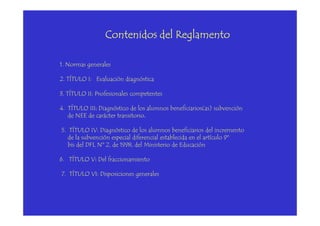 Contenidos del ReglamentoContenidos del ReglamentoContenidos del ReglamentoContenidos del Reglamento
1. Normas generales
2. TÍTULO I: Evaluación diagnóstica
3. TÍTULO II: Profesionales competentes
4. TÍTULO III:::: Diagnóstico de los alumnos beneficiarios(as) subvención
de NEE de carácter transitorio....de NEE de carácter transitorio....
5. TÍTULO IV: Diagnóstico de los alumnos beneficiarios del incremento
de la subvención especial diferencial establecida en el artículo 9º
bis del DFL Nº 2, de 1998, del Ministerio de Educación
6. TÍTULO V:::: Del fraccionamiento
7. TÍTULO VI: Disposiciones generales
 