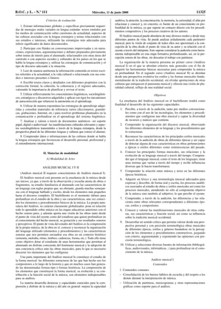 Criterios de evaluación
1. Extraer informaciones globales y específicas previamente requeri-
das de mensajes orales variados en lengua estándar: textos emitidos por
los medios de comunicación sobre cuestiones de actualidad, aspectos de
las culturas asociadas con la lengua extranjera y temas relacionados con
sus estudios e intereses, utilizando las estrategias más adecuadas para
inferir significados de datos desconocidos.
2. Participar con fluidez en conversaciones improvisadas y en narra-
ciones, exposiciones, argumentaciones y debates preparados previamente
sobre temas de interés para el alumnado, relacionados con otras áreas del
currículo o con aspectos sociales y culturales de los países en los que se
habla la lengua extranjera y, utilizar las estrategias de comunicación y el
tipo de discurso adecuado a la situación.
3. Leer de manera autónoma la información contenida en textos escri-
tos referidos a la actualidad, a la vida cultural o relacionada con sus estu-
dios e intereses presentes o futuros.
4. Escribir textos claros y detallados con diferentes propósitos con la
corrección formal, la cohesión, la coherencia y el registro adecuados,
valorando la importancia de planificar y revisar el texto.
5. Utilizar reflexivamente los conocimientos lingüísticos, sociolingüísti-
cos, estratégicos y discursivos adquiridos y aplicar con rigor los mecanismos
de autocorrección que refuercen la autonomía en el aprendizaje.
6. Utilizar de manera espontánea las estrategias de aprendizaje adqui-
ridas y consultar materiales de referencia varios (diccionarios, gramáti-
cas, grabaciones, Internet, etc.) para resolver problemas planteados en la
comunicación o profundizar en el aprendizaje del sistema lingüístico.
7. Analizar y valorar a través de documentos auténticos –en soporte
papel, digital o audiovisual– las manifestaciones culturales relevantes y aspec-
tos sociolingüísticos transmitidos a través de la lengua extranjera, desde la
perspectiva plural de las diferentes lenguas y culturas que conoce el alumno.
8. Comprender datos e informaciones de las culturas donde se habla
la lengua extranjera que favorezcan el desarrollo personal, profesional y
el entendimiento internacional.
II. Materias de modalidad
A) Modalidad de Artes
ANÁLISIS MUSICAL I Y II
(Análisis musical II requiere conocimientos de Análisis musical I).
El Análisis musical está presente en la enseñanza de la música desde
sus inicios, ya que, a través de la observación y escucha atenta de obras o
fragmentos, su estudio familiariza al alumnado con las características de
un lenguaje con reglas propias que, no obstante, guarda muchas semejan-
zas con el lenguaje hablado y escrito, desde los elementos más pequeños
hasta el discurso completo. El bachillerato es el momento idóneo para
profundizar en el estudio de la obra y sus características, una vez conoci-
dos los elementos y procedimientos básicos de la música. La propia natu-
raleza del Análisis, su carácter claramente globalizador, pone en relación
todo lo aprendido sobre música en las etapas educativas anteriores con el
hecho sonoro puro, y además aporta una visión de las obras tanto desde
el punto de vista del oyente como del estudioso que quiere profundizar en
el conocimiento del hecho musical, su gestación y sus resultados sonoros
y perceptivos. El punto de vista del estudio del Análisis es la comprensión
de la propia música, de la obra en sí: conocer y reconocer la organización
del lenguaje utilizado (elementos y procedimientos) y las características
sonoras que nos permiten encuadrar esa obra en un contexto histórico
(armonía, melodía, ritmo, timbres, cadencias, forma, etc.). Todo ello tiene
como objetivo dotar al estudiante de unas herramientas que permitan al
alumnado un disfrute consciente del fenómeno musical y la adopción de
una conciencia crítica ante las obras musicales, para lo que es necesario
discernir los elementos que las configuran.
Una parte importante del Análisis musical lo constituye el estudio de
la forma musical: las diferentes estructuras de las que han hecho uso los
compositores a lo largo de la historia y que en muchos casos han genera-
do las denominadas formas-tipo o formas históricas. La comprensión de
los elementos que constituyen la forma musical, su evolución y su con-
tribución a la función social de la música, son elementos indispensables
para su análisis.
La materia desarrolla destrezas y capacidades esenciales para la com-
prensión y disfrute de la música y del arte en general: mejora la capacidad
auditiva, la atención, la concentración, la memoria, la curiosidad, el afán por
relacionar y conocer y, en concreto, es fuente de un conocimiento en pro-
fundidad de la música, ya que supone un contacto directo con los procedi-
mientos compositivos y los procesos creativos de los autores.
ElAnálisis musical puede abordarse de muy diversos modos y desde muy
diferentes puntos de vista. Se puede analizar aisladamente cada parámetro
musical, pero la visión de conjunto de todos ellos nos aproximará a la con-
cepción de la obra desde el punto de vista de su autor y su relación con el
oyente a través del intérprete. Esto supone considerar la audición como herra-
mienta indispensable en esta etapa formativa profundizando, así, en la per-
cepción sonora de las obras, sin descartar el trabajo con partituras.
La organización de la materia presenta un primer curso (Análisis
musical I) en el que se abordan criterios más generales con el fin de
adquirir las herramientas básicas necesarias para comprender la música
en profundidad. En el segundo curso (Análisis musical II) se abordan
desde una perspectiva evolutiva los estilos y las formas musicales funda-
mentalmente de la tradición occidental, sin olvidar aportaciones de otras
culturas que enriquecen el panorama musical y ofrecen una visión de plu-
ralidad cultural, reflejo de una realidad social.
Objetivos
La enseñanza del Análisis musical en el bachillerato tendrá como
finalidad el desarrollo de las siguientes capacidades:
1. Percibir, a través de la audición, tanto por medios convenciona-
les como con el uso de las tecnologías, los elementos y procedi-
mientos que configuran una obra musical y captar la diversidad
de recursos y matices que contiene.
2. Comprender la organización del discurso musical, observando
los diferentes elementos de su lenguaje y los procedimientos que
lo estructuran.
3. Reconocer las características de los principales estilos musicales
a través de la audición de obras de diferentes épocas y ser capaz
de detectar alguna de esas características en obras pertenecientes
a épocas o estilos diferentes como reminiscencias del pasado.
4. Conocer las principales formas musicales, sus relaciones y la
evolución de su lenguaje musical a través del tiempo. Compren-
der que el lenguaje musical, como el resto de los lenguajes, tiene
unas normas que varían a través del tiempo y recibe influencias
diversas que le hacen transformarse.
5. Comprender la relación entre música y texto en las diferentes
épocas históricas.
6. Adquirir un léxico y una terminología musical adecuados para
expresar y describir, de forma oral y escrita, los procesos analíti-
cos asociados al estudio de obras y estilos musicales así como los
procesos musicales, atendiendo no sólo al componente objetivo
de la música sino también al subjetivo, lo que percibe el oyente.
7. Comprender, a través de la audición, las diferencias y las rela-
ciones entre obras relevantes correspondientes a diferentes épo-
cas, estilos y compositores.
8. Conocer y valorar las manifestaciones musicales de otras cultu-
ras, sus características y función social, así como su influencia
sobre la tradición musical occidental.
9. Desarrollar un sentido crítico que permita valorar desde una pers-
pectiva personal y con precisión terminológica obras musicales
de diferentes épocas, estilos y géneros basándose en la percep-
ción de los elementos y procedimientos constructivos, juzgando
con criterio, argumentando y exponiendo las opiniones con pre-
cisión terminológica.
10. Utilizar y seleccionar diversas fuentes de información (bibliográ-
ficas, audiovisuales, informáticas...) para profundizar en el cono-
cimiento de la música.
Análisis musical I
Contenidos
1. Contenidos comunes:
– Consolidación de los buenos hábitos de escucha y del respeto a los
demás durante la interpretación de música.
– Utilización de partituras, musicogramas y otras representaciones
gráficas como soporte para el análisis.
B.O.C. y L. - N.º 111 Miércoles, 11 de junio 2008 11325
 