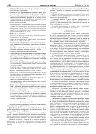 – Hidratación. Cálculo del consumo de agua diario para mantener la
salud en diversas circunstancias.
– Concepto de dieta equilibrada para el sedentario y para el sujeto
físicamente activo. Adecuación entre ingesta y gasto energético.
– Trastornos del comportamiento nutricional: dietas restrictivas,
anorexia-bulimia y obesidad. Búsqueda de los factores sociales
actuales, incluyendo los derivados del propio trabajo artístico, que
conducen a la aparición de cada tipo de trastorno.
5. Sistema reproductor-gonadal:
– Sistema reproductor femenino y masculino. Hormonas sexuales y
su papel en el mantenimiento de la salud músculo-esquelética.
– Ciclo menstrual femenino. Trastornos relacionados con la malnutrición.
– Beneficios del mantenimiento de una función hormonal normal
para el rendimiento físico del artista.
6. Producción del movimiento:
– Diferenciación de las funciones de hueso, articulación y músculo
en la producción del movimiento.
– Planos del movimiento y sus grados: cuello, tronco, hombro,
muñeca, mano, cadera, rodilla y pie.
– Reconocimiento de los principales huesos, articulaciones y mús-
culos implicados en los principales gestos motrices de las artes
escénicas.
– Capacidades motrices elementales, fuerza, resistencia, fuerza de
resistencia, flexibilidad, velocidad, respiración y postura.
– El músculo como órgano efector del movimiento.
– Análisis práctico de los principios básicos del movimiento. Aspectos
anatómicos y fisiológicos. Fisiología de la contracción muscular.
– Génesis del movimiento. Papel de los receptores sensitivos y órga-
nos de los sentidos. El sistema nervioso central como organizador
de la respuesta motora.
– Entrenamiento de cualidades físicas para la mejora de la calidad
del movimiento y el mantenimiento de la salud: flexo-elasticidad,
fuerza y coordinación.
– Calentamiento previo: su papel en la mejora del rendimiento y la pre-
vención de lesiones. Adecuación a cada tipo de actividad artística.
7. Anatomía funcional y biomecánica del aparato locomotor:
– Biomecánica: mecánica newtoniana y su aplicación al aparato
locomotor humano. La cinética y cinemática aplicadas al movi-
miento humano durante el ejercicio.
– Sistemas de estudio empleados en biomecánica. Aplicación a la
mejora del rendimiento y bienestar físico.
– Análisis biomecánico básico de pasos específicos de la actividad,
como el salto o el giro.
– Postura corporal correcta e incorrecta. La postura como fuente de
salud o enfermedad: la repetición gestual y los errores posturales
en las diferentes manifestaciones artísticas como origen de lesión.
8. Acceso y uso de información:
– Análisis razonados y valoración de los resultados de investigacio-
nes biomédicas actuales relacionadas con el campo de la anatomía,
fisiología, nutrición y biomecánica aplicadas a las distintas artes
escénicas. Autonomía progresiva en la búsqueda de información.
– Técnicas Alexander y Pilates.
Criterios de evaluación
1. Describir práctica y verbalmente, la organización tisular de los dis-
tintos componentes del aparato locomotor.
2. Clasificar las distintas artes escénicas en función de los requeri-
mientos cardiovasculares, respiratorios y las diversas cualidades físicas
(flexo-elasticidad, fuerza y coordinación).
3. Exponer razonadamente y a través de movimientos específicos,
respecto a cualquiera de las artes escénicas, un hábito o comportamiento
que mejore el desempeño físico y artístico o deba ser practicado para pre-
venir posibles trastornos patológicos derivados de su práctica regular.
4. Explicar, con relación a cualquiera de las estructuras anatómicas
que intervienen en las diferentes manifestaciones artísticas, la función
que desempeña el conjunto del cuerpo humano como instrumento de
expresión.
5. Explicar la relación entre nutrición adecuada y rendimiento físico
adecuado, e identificar las costumbres nutricionales que conducen a la
malnutrición.
6. Relacionar las leyes de la mecánica newtoniana con los movimien-
tos habituales humanos y los principales movimientos o posturas de los
distintos tipos de artes escénicas.
7. Analizar la calidad de los hábitos posturales generales durante las
actividades artísticas, y buscar alternativas para la mejora de los mismos.
Identificar las principales lesiones que se producen en la realización de
dichas actividades y su prevención.
8. Justificar documentalmente los beneficios físicos y mentales que
proporciona la práctica regular de las artes escénicas.
ARTES ESCÉNICAS
Las artes escénicas como el teatro, el circo, la danza, la ópera y otras
de creación más reciente, como la performance, constituyen manifesta-
ciones socioculturales y artísticas que se caracterizan tanto por los proce-
sos comunicativos singulares que le son propios, como por el hecho de
que se materializan en la escena a través de la síntesis e integración de
otras expresiones artísticas, desde las literarias hasta las plásticas.
La teatralidad, como elemento diferencial del hecho escénico, pre-
senta múltiples formas, y así, se manifiesta en una danza popular, en una
comedia de capa y espada o en las propuestas más novedosas de presen-
tación escénica, sin olvidar otras manifestaciones de carácter tradicional
que todavía hoy se celebran en multitud de comunidades como, por ejem-
plo, las fiestas populares, donde se hace uso, implícita o explícitamente,
de recursos e instrumentos expresivos típicos del drama.
La expresión teatral, característica singular y diferencial de las artes
escénicas, se entiende como una manifestación humana de carácter cul-
tural y artístico, en la que se produce un acto comunicativo entre un actor
y un espectador, considerando que términos como actor y espectador se
pueden aplicar a una gama variada de sujetos, sin circunscribirlos nece-
sariamente al espacio de una sala de teatro. La expresión teatral tiene su
génesis y fundamento en la expresión dramática, aquel tipo de conducta
en la que los seres humanos, en su comportamiento cotidiano, hacen uso
del juego de roles en sus procesos de expresión y comunicación.
La materia denominada Artes Escénicas se concibe como un instrumen-
to fundamental en una formación integral, ya que no sólo se ocupa del estu-
dio de las diferentes manifestaciones de la teatralidad, sino que además per-
mite que el alumno desarrolle competencias comunicativas, sociales,
expresivas, creativas o las relacionadas con la resolución de problemas y la
autonomía personal, estimulando su interacción con el medio y garantizando,
por tanto, el logro de fines formativos y propedéuticos asignados a esta etapa.
En resumen, el estudiante que aprende esta materia aprende también
a expresar, comunicar y recibir pensamientos, emociones, sentimientos e
ideas, propias y ajenas, mediante el uso de las más variadas técnicas y
destrezas inherentes a las artes escénicas.
Los objetivos y los contenidos de esta materia se articulan en torno a
dos ejes de actuación: por una parte potenciar la formación integral del
individuo y por otra, incidir en su formación humanista y artística a tra-
vés de la apropiación de un conocimiento amplio de las artes escénicas,
consideradas desde diferentes perspectivas y partiendo de la vivencia y
experiencia de conceptos y situaciones.
Los contenidos de la materia se estructuran en cinco grandes bloques.
El primero ofrece la posibilidad de proporcionar al alumnado una visión
de conjunto de las artes escénicas en tanto que manifestaciones de natu-
raleza social, cultural y artística muy diversas, y en dos perspectivas fun-
damentales: histórica y geográfica, destacando aquellas manifestaciones
teatrales o parateatrales que tengan que ver con las raíces culturales de
Castilla y León. El segundo se orienta al desarrollo de las capacidades
expresivas y creativas por medio de un conjunto de actividades con una
dimensión fundamentalmente práctica que permitan la exploración, aná-
lisis y utilización de los diferentes sistemas, medios y códigos de signifi-
cación escénica. El tercer bloque se ocupa de las destrezas, capacidades
y habilidades expresivas y creativas con la finalidad de abordar la recrea-
ción y representación de la acción dramática a partir de los más variados
estímulos, en proyectos de trabajo orientados a la construcción de esce-
nas que muestren todo tipo de personajes, situaciones y conflictos.
El cuarto bloque tiene carácter integrador. El estudio práctico de las dife-
rentes tipologías de espectáculo, de los procesos de comentario, análisis y
11328 Miércoles, 11 de junio 2008 B.O.C. y L. - N.º 111
 