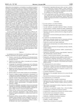 adaptación de textos dramáticos y no-dramáticos (concediendo una especial
relevancia a textos del Siglo de Oro en su relación con la lengua española y
a los autores dramáticos contemporáneos castellanos y leoneses) y de los
procedimientos de dramaturgia se culmina con la realización de un proyec-
to global de puesta en escena de un espectáculo concreto, estableciendo y
estructurando los elementos de significación a utilizar y las relaciones entre
los mismos. También requiere la organización y planificación de los ensayos
y la distribución de tareas a los equipos de trabajo. Se trata entonces de ejem-
plificar, con casos concretos, el camino que lleva del texto al espectáculo, y
el papel que habrán de cumplir los integrantes de la nómina teatral, sus fun-
ciones y responsabilidades. Por último, el quinto bloque se orienta al des-
arrollo de competencias en análisis, interpretación y comentario de espectá-
culos escénicos, a los que siempre que sea posible se habrá asistido.
Partiendo del concepto de público, y en función de la fuerte dimensión
social y colectiva de la recepción teatral, se abordará el estudio de los ins-
trumentos y estrategias analíticas propias del proceso de recepción a partir
de casos prácticos que permitan el desarrollo de debates y la confrontación
de opiniones, con la finalidad de potenciar una lectura reflexiva y crítica del
acontecer artístico y cultural, realizada con rigor y coherencia.
Con ello se potencia por igual el saber, el saber hacer y el saber ser, uti-
lizando para ello un amplio corpus de conocimientos, técnicas, recursos y
actividades que inciden favorablemente en la adquisición de un amplio capi-
tal cultural y de una cultura escénica suficiente. Al mismo tiempo, a través
de las diferentes modalidades de expresión escénica se pueden recrear todo
tipo de problemas, situaciones y conflictos y el análisis y elaboración de dis-
cursos, ya sean artísticos, ideológicos, sociales o de otro tipo, permite ahon-
dar en un conocimiento reflexivo del mundo que nos rodea y en una relación
dinámica y crítica con nuestro entorno, favoreciendo la autonomía personal
y la transición a la vida adulta. En esa dirección, se hace necesario incidir en
el hecho de que la materia no tiene una dimensión profesional, sino que se
orienta al desarrollo del potencial expresivo y creativo del alumnado, a la
promoción de un conocimiento diverso y vivenciado de las artes escénicas,
para acabar formando personas autónomas, tolerantes, participativas, solida-
rias, creativas y con una sólida cultura artística.
Objetivos
La enseñanza de las Artes Escénicas en el bachillerato tendrá como
finalidad el desarrollo de las siguientes capacidades:
1. Conocer, a través de textos significativos de la literatura dramá-
tica universal, los dramaturgos más representativos de la historia
del teatro universal.
2. Adquirir un conocimiento sólido y vivenciado de los conceptos
básicos de las artes escénicas.
3. Comprender las características fundamentales de las diferentes
formas de las artes de la representación escénica y del espectáculo
en sus diferentes posibilidades de materialización.
4. Realizar el estudio crítico de espectáculos, mediante procesos de
análisis que sean de utilidad para valorar el resultado artístico, y
de textos teatrales.
5. Realizar análisis de textos desde un punto de vista dramatúrgico.
6. Promover el trabajo en grupo, favoreciendo el conocimiento y la
comprensión de la propia identidad personal y la ajena, así como de
la realidad social en la que se desarrollan, a través de los procesos de
expresión, creación y comunicación propios de las artes escénicas.
7. Estimular el desarrollo y perfeccionamiento de las capacidades
expresivas, creativas y comunicativas propias a partir del trabajo
individual y grupal, experimentando e investigando diferentes
lenguajes y códigos.
8. Desarrollar las habilidades, capacidades y destrezas necesarias para
responder con creatividad y originalidad a cualquier estímulo, situa-
ción o conflicto en el marco de la ficción dramática, utilizando len-
guajes, códigos, técnicas y recursos de carácter escénico.
9. Utilizar las artes escénicas para mostrar, individual y colectiva-
mente, sentimientos, pensamientos e ideas, haciendo especial
hincapié en aquellas problemáticas y conflictos que afectan a la
colectividad.
10. Reconocer y utilizar, con rigor artístico y coherencia estética, las
múltiples formas de producir, recrear e interpretar la acción escé-
nica, y participar de forma activa en el diseño, realización y
representación de todo tipo de espectáculos escénicos, asumien-
do diferentes roles, tareas y responsabilidades.
11. Desarrollar la capacidad crítica para valorar con rigor y coheren-
cia las producciones escénicas propias y ajenas, teniendo en
cuenta sus presupuestos artísticos y el contexto social, económi-
co y cultural en el que se producen, fomentando, con todo ello,
las cualidades de un futuro buen espectador.
12. Asistir, siempre que sea posible, a espectáculos escénicos. Valo-
rar y disfrutar de las artes escénicas como una manifestación
artística que forma parte del patrimonio cultural común de los
pueblos y participar activamente en su mantenimiento, desarrollo
y proyección.
Contenidos
1. Las artes escénicas y su contexto histórico:
– Concepto y tipología de las artes escénicas.
– Las artes escénicas y sus grandes tradiciones: Oriente y Occidente.
– Las artes escénicas y su historia: momentos de cambio y transformación.
– Elementos comunes a las artes escénicas: dramaticidad y teatralidad.
– Naturaleza, descripción y clasificación de los códigos de significa-
ción escénica.
– Elementos de la estructura dramática para realizar un análisis de un
texto teatral.
2. La expresión y la comunicación escénica:
– Exploración y desarrollo armónico de los instrumentos del intér-
prete: expresión corporal, gestual, oral y rítmico-musical.
– Estudio de la escena como espacio significante.
– Análisis del rol y del personaje: de la conducta dramática a la con-
ducta teatral.
– Exploración de los elementos en la expresión: personaje, situación,
acción y conflicto.
– Exploración y desarrollo de procesos: análisis, caracterización y
construcción del personaje.
– Exploración y desarrollo de técnicas: juego dramático, improvisa-
ción, dramatización y creación colectiva.
– Análisis y control de recursos literarios y otros materiales.
– Exploración y desarrollo de recursos plásticos: diseño de la esce-
na, indumentaria, maquillaje, iluminación y recursos sonoros.
– Análisis de algunas obras de teatro significativas del Siglo de Oro
español y estudio de los requisitos y conocimientos previos para la
puesta en escena.
3. La interpretación en las artes escénicas:
– Presentación y estudio de las teorías de la interpretación, con espe-
cial atención a aquellas que derivan del método de Stanislavski.
– Análisis del personaje a partir de la situación, la acción, el con-
flicto, sus objetivos y funciones.
– La partitura interpretativa y su ejecución.
– Presentación de los principales directores de la escena del siglo
XX y XXI.
– Presentación de la historia de la puesta en escena en España.
4. La representación y la escenificación:
– El espectáculo escénico: concepto y características.
– Tipologías básicas del espectáculo escénico: clásico, de vanguar-
dia, corporal, occidental, oriental, de objetos, musical, de interior,
de calle.
– Otras formas de presentación escénica: happening, performance,
vídeo-teatro o teatro-danza.
– El diseño de un espectáculo: equipos, fases y áreas de trabajo.
– La dramaturgia en el diseño de un proyecto escénico.
– La producción y realización de un proyecto de creación escénica.
– La dirección de escena de proyectos escénicos.
– Los ensayos: tipología, finalidades y organización.
– Exhibición y distribución de productos escénicos.
5. La recepción de espectáculos escénicos:
– El público: concepto y tipologías.
– Aspectos básicos del proceso de recepción.
B.O.C. y L. - N.º 111 Miércoles, 11 de junio 2008 11329
 