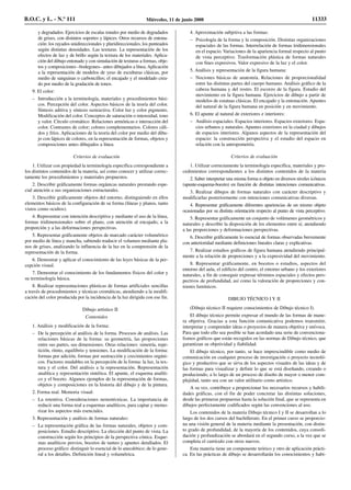 y degradados. Ejercicios de escalas tonales por medio de degradados
de grises, con distintos soportes y lápices. Otros recursos de entona-
ción: los rayados unidireccionales y pluridireccionales, los punteados
según distintas densidades. Las texturas. La representación de los
efectos de luz y de brillo según la textura de los materiales. Aplica-
ción del dibujo entonado y con simulación de texturas a formas, obje-
tos y composiciones –bodegones– antes dibujados a línea.Aplicación
a la representación de modelos de yeso de esculturas clásicas, por
medio de sanguinas o carboncillos; el encajado y el modelado crea-
do por medio de la gradación de tonos.
9. El color:
– Introducción a la terminología, materiales y procedimientos bási-
cos. Percepción del color. Aspectos básicos de la teoría del color.
Síntesis aditiva y síntesis sustractiva. Color luz y color pigmento.
Modificación del color. Conceptos de saturación o intensidad, tono
y valor. Círculo cromático. Relaciones armónicas e interacción del
color. Contrastes de color; colores complementarios. Colores cáli-
dos y fríos. Aplicaciones de la teoría del color por medio del dibu-
jo con lápices de colores, en la representación de formas, objetos y
composiciones antes dibujados a línea.
Criterios de evaluación
1. Utilizar con propiedad la terminología específica correspondiente a
los distintos contenidos de la materia, así como conocer y utilizar correc-
tamente los procedimientos y materiales propuestos.
2. Describir gráficamente formas orgánicas naturales prestando espe-
cial atención a sus organizaciones estructurales.
3. Describir gráficamente objetos del entorno, distinguiendo en ellos
elementos básicos de la configuración de su forma (líneas y planos, tanto
vistos como ocultos).
4. Representar con intención descriptiva y mediante el uso de la línea,
formas tridimensionales sobre el plano, con atención al encajado, a la
proporción y a las deformaciones perspectivas.
5. Representar gráficamente objetos de marcado carácter volumétrico
por medio de línea y mancha, sabiendo traducir el volumen mediante pla-
nos de grises, analizando la influencia de la luz en la comprensión de la
representación de la forma.
6. Demostrar y aplicar el conocimiento de las leyes básicas de la per-
cepción visual.
7. Demostrar el conocimiento de los fundamentos físicos del color y
su terminología básica.
8. Realizar representaciones plásticas de formas artificiales sencillas
a través de procedimientos y técnicas cromáticas, atendiendo a la modifi-
cación del color producida por la incidencia de la luz dirigida con ese fin.
Dibujo artístico II
Contenidos
1. Análisis y modificación de la forma:
– De la percepción al análisis de la forma. Procesos de análisis. Las
relaciones básicas de la forma: su geometría, las proporciones
entre sus partes, sus dimensiones. Otras relaciones: simetría, repe-
tición, ritmo, equilibrio y tensiones. La modificación de la forma:
formas por adición, formas por sustracción y crecimientos orgáni-
cos. Factores mudables en la percepción de la forma: la luz, la tex-
tura y el color. Del análisis a la representación. Representación
analítica y representación sintética. El apunte, el esquema analíti-
co y el boceto. Algunos ejemplos de la representación de formas,
objetos y composiciones en la historia del dibujo y de la pintura.
2. Forma real. Memoria visual:
– La retentiva. Consideraciones nemotécnicas. La importancia de
reducir una forma real a esquemas analíticos, para captar y memo-
rizar los aspectos más esenciales.
3. Representación y análisis de formas naturales:
– La representación gráfica de las formas naturales, objetos y com-
posiciones. Estudio descriptivo. La elección del punto de vista. La
construcción según los principios de la perspectiva cónica. Esque-
mas analíticos previos, bocetos de tanteo y apuntes detallados. El
proceso gráfico: distinguir lo esencial de lo anecdótico; de lo gene-
ral a los detalles. Definición lineal y volumétrica.
4. Aproximación subjetiva a las formas:
– Psicología de la forma y la composición. Distintas organizaciones
espaciales de las formas. Interrelación de formas tridimensionales
en el espacio. Variaciones de la apariencia formal respecto al punto
de vista perceptivo. Trasformación plástica de formas naturales
con fines expresivos. Valor expresivo de la luz y el color.
5. Análisis y representación de la figura humana:
– Nociones básicas de anatomía. Relaciones de proporcionalidad
entre las distintas partes del cuerpo humano. Análisis gráfico de la
cabeza humana y del rostro. El escorzo de la figura. Estudio del
movimiento en la figura humana. Ejercicios de dibujo a partir de
modelos de estatuas clásicas. El encajado y la entonación. Apuntes
del natural de la figura humana en posición y en movimiento.
6. El apunte al natural de exteriores e interiores:
– Análisis espaciales. Espacios interiores. Espacios exteriores. Espa-
cios urbanos y naturales. Apuntes exteriores en la ciudad y dibujos
de espacios interiores. Algunos aspectos de la representación del
espacio: la construcción perspectiva y el estudio del espacio en
relación con la antropometría.
Criterios de evaluación
1. Utilizar correctamente la terminología específica, materiales y pro-
cedimientos correspondientes a los distintos contenidos de la materia
2. Saber interpretar una misma forma u objeto en diversos niveles icónicos
(apunte-esquema-boceto) en función de distintas intenciones comunicativas.
3. Realizar dibujos de formas naturales con carácter descriptivo y
modificarlas posteriormente con intenciones comunicativas diversas.
4. Representar gráficamente diferentes apariencias de un mismo objeto
ocasionadas por su distinta orientación respecto al punto de vista perceptivo.
5. Representar gráficamente un conjunto de volúmenes geométricos y
naturales y describir la disposición de los elementos entre sí, atendiendo
a las proporciones y deformaciones perspectivas.
6. Describir gráficamente lo esencial de formas observadas brevemente
con anterioridad mediante definiciones lineales claras y explicativas.
7. Realizar estudios gráficos de figura humana atendiendo principal-
mente a la relación de proporciones y a la expresividad del movimiento.
8. Representar gráficamente, en bocetos o estudios, aspectos del
entorno del aula, el edificio del centro, el entorno urbano y los exteriores
naturales, a fin de conseguir expresar términos espaciales y efectos pers-
pectivos de profundidad, así como la valoración de proporciones y con-
trastes lumínicos.
DIBUJO TÉCNICO I Y II
(Dibujo técnico II requiere conocimientos de Dibujo técnico I).
El dibujo técnico permite expresar el mundo de las formas de mane-
ra objetiva. Gracias a esta función comunicativa podemos transmitir,
interpretar y comprender ideas o proyectos de manera objetiva y unívoca.
Para que todo ello sea posible se han acordado una serie de convenciona-
lismos gráficos que están recogidos en las normas de Dibujo técnico, que
garantizan su objetividad y fiabilidad.
El dibujo técnico, por tanto, se hace imprescindible como medio de
comunicación en cualquier proceso de investigación o proyecto tecnoló-
gico y productivo que se sirva de los aspectos visuales de las ideas y de
las formas para visualizar y definir lo que se está diseñando, creando o
produciendo, a lo largo de un proceso de diseño de mayor o menor com-
plejidad, tanto sea con un valor utilitario como artístico.
A su vez, contribuye a proporcionar los necesarios recursos y habili-
dades gráficas, con el fin de poder concretar las distintas soluciones,
desde las primeras propuestas hasta la solución final, que se representa en
dibujos perfectamente codificados según las convenciones al uso.
Los contenidos de la materia Dibujo técnico I y II se desarrollan a lo
largo de los dos cursos del bachillerato. En el primer curso se proporcio-
na una visión general de la materia mediante la presentación, con distin-
to grado de profundidad, de la mayoría de los contenidos, cuya consoli-
dación y profundización se abordará en el segundo curso, a la vez que se
completa el currículo con otros nuevos.
Esta materia tiene un componente teórico y otro de aplicación prácti-
ca. En las prácticas de dibujo se desarrollarán los conocimientos y habi-
B.O.C. y L. - N.º 111 Miércoles, 11 de junio 2008 11333
 