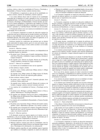 escénicas, música y danza. Las modalidades de Ciencias y Tecnología, y
Humanidades y Ciencias Sociales, tendrán estructura única.
2. El bachillerato se organizará en cada una de las modalidades en:
materias comunes, materias de modalidad y materias optativas.
3. Los centros deberán ofrecer todas las materias de las modalidades
autorizadas que se impartan en el centro, agrupadas en vías, en el caso de la
modalidad de Artes, o en bloques de materias, en el caso de las modalidades
de Ciencias y Tecnología, y de Humanidades y Ciencias Sociales, de acuer-
do con los criterios pedagógicos y organizativos que establezca la Conseje-
ría competente en materia de educación, en atención con lo dispuesto en el
artículo 5, apartados 4 y 5 del Real Decreto 1467/2007, de 2 de noviembre.
4. El alumnado deberá cursar seis materias de modalidad de la moda-
lidad elegida, tres en cada curso.
5. La Consejería competente en materia de educación regulará las
condiciones para que un alumno que ha cursado el primer curso de bachi-
llerato en una modalidad concreta pueda pasar al segundo curso de una
modalidad diferente. Del mismo modo, será objeto de regulación, en su
caso, el cambio de vía en la modalidad de Artes.
Asimismo regulará las condiciones que permitan que un alumno
pueda matricularse de alguna materia, que no se curse por razones orga-
nizativas en su centro de origen, en otros centros escolares o en la moda-
lidad de distancia.
Artículo 6.– Materias comunes.
Son materias comunes para todos los alumnos, con independencia de
la modalidad elegida, las siguientes:
a) En primer curso: Ciencias para el mundo contemporáneo, Educa-
ción física, Filosofía y ciudadanía, Lengua castellana y literatura I,
Lengua extranjera I.
b) En segundo curso: Historia de España, Historia de la Filosofía,
Lengua castellana y literatura II, Lengua extranjera II.
Artículo 7.– Materias de modalidad.
1. Las materias de la modalidad de Artes son las siguientes:
a) Artes plásticas, imagen y diseño.
– En primer curso: Cultura audiovisual, Dibujo artístico I, Dibujo
técnico I, Volumen.
– En segundo curso: Dibujo artístico II, Dibujo técnico II, Diseño,
Historia del arte, Técnicas de expresión gráfico-plástica.
b) Artes escénicas, música y danza.
– En primer curso: Análisis musical I, Anatomía aplicada, Artes
escénicas, Cultura audiovisual.
– En segundo curso: Análisis musical II, Historia de la música y de
la danza, Lenguaje y práctica musical, Literatura universal.
2. Las materias de la modalidad de Ciencias y Tecnología son las
siguientes:
a) En primer curso: Biología y geología, Dibujo técnico I, Física y
química, Matemáticas I, Tecnología Industrial I.
b) En segundo curso: Biología, Ciencias de la Tierra y medioambienta-
les, Dibujo técnico II, Electrotecnia, Física, Matemáticas II, Química,
Tecnología Industrial II.
3. Las materias de la modalidad de Humanidades y Ciencias Sociales
son las siguientes:
a) En primer curso: Economía, Griego I, Historia del mundo contem-
poráneo, Latín I, Matemáticas aplicadas a las ciencias sociales I.
b) En segundo curso: Economía de la empresa, Geografía, Griego II,
Historia del Arte, Latín II, Literatura universal y Matemáticas apli-
cadas a las ciencias sociales II.
Artículo 8.– Materias optativas.
1. El alumnado cursará una materia optativa en el primer curso de
bachillerato y otra en el segundo, elegidas de entre las ofertadas por el
centro con la finalidad de complementar su formación.
2. El alumnado podrán cursar como materias optativas:
a) Materias optativas comunes para todas las modalidades, entre las
que obligatoriamente deberá incluirse una Segunda lengua extran-
jera y Tecnologías de la información y la comunicación.
b) Materias optativas específicas de cada modalidad, según el repertorio
que establezca la Consejería competente en materia de educación.
c) Materias de modalidad, ya sea de la modalidad elegida o de una moda-
lidad diferente que se impartan en el centro en las condiciones que esta-
blezca la Consejería competente en materia de educación.
3. La Consejería competente en materia de educación establecerá el
repertorio de materias optativas y su currículo, los procedimientos y con-
diciones para su impartición en los centros.
Artículo 9.– Horarios.
La Consejería competente en materia de educación establecerá los
horarios semanales, respetando el horario escolar recogido en el Anexo II
del Real Decreto 1467/2007, de 2 de noviembre, por el que se establece
la estructura del Bachillerato y se fijan sus enseñanzas mínimas.
Artículo 10.– Evaluación y promoción.
1. La evaluación del proceso de aprendizaje del alumnado de bachi-
llerato será continua y diferenciada según las distintas materias y se lle-
vará a cabo teniendo en cuenta los distintos elementos del currículo. La
calificación de cada materia será responsabilidad del profesor que la
imparte, quien decidirá al término del curso si el alumnado ha superado
los objetivos de la misma.
2. El equipo docente, constituido por el conjunto de profesores del
alumnado coordinados por el profesor tutor, actuará de manera colegiada
a lo largo del proceso de evaluación y en la adopción de las decisiones
resultantes del mismo, en el marco de lo que establezca la Consejería
competente en materia de educación.
3. Los alumnos promocionarán de curso cuando hayan superado los
objetivos de las materias cursadas, tomando como referente fundamental
los criterios de evaluación, o tengan evaluación negativa en dos materias
como máximo.
4. De conformidad con lo dispuesto en el artículo 14 del Real Decreto
1467/2007, de 2 de noviembre los alumnos que no promocionen a segundo
curso y tenga tres o cuatro materias con evaluación negativa podrán optar
por repetir el curso en su totalidad o por matricularse de las materias de pri-
mero con evaluación negativa y ampliar matrícula. Dicha ampliación se hará
con dos materias de segundo, si tiene pendientes cuatro de primer curso, o
con tres materias de segundo, si tiene pendientes tres de primer curso. La
matrícula en estas materias de segundo curso tendrá carácter condicionado,
según disponga la Consejería competente en materia de educación.
En el caso de los alumnos menores de edad, la decisión de repetir
curso en su integridad o compatibilizar las materias de primer curso con
algunas de segundo deberá ser solicitada por los padres o tutores legales
al formalizar la matrícula.
5. Los alumnos de primero repetirán curso en su totalidad si el núme-
ro de materias con evaluación negativa es superior a cuatro.
6. Los alumnos que al término del segundo curso tuvieran evaluación
negativa en algunas materias podrán matricularse de ellas sin necesidad
de cursar de nuevo las materias superadas, pudiendo asistir, en las condi-
ciones que determine la Consejería competente en materia de educación,
como oyentes y sin calificación a las clases de las materias ya superadas.
7. Con el fin de facilitar a los alumnos la recuperación de las materias con
evaluación negativa, la Consejería competente en materia de educación regu-
lará las condiciones para que los centros organicen, en el periodo que deter-
mine la Orden de calendario escolar, las oportunas pruebas extraordinarias.
8. Los centros deberán organizar actividades de recuperación para los
alumnos que promocionen sin haber superado todas las materias.
Artículo 11.– Título de Bachiller.
1. Para obtener el título de Bachiller será necesaria la evaluación posi-
tiva en todas las materias de los dos cursos de bachillerato.
2. De acuerdo con lo que establece el artículo 50.2 de la Ley Orgáni-
ca 2/2006, de 3 de mayo, de Educación, el alumnado que finalice las
enseñanzas profesionales de música y de danza, obtendrá el título de
Bachiller si supera las materias comunes del bachillerato. La Consejería
competente en materia de educación podrá establecer medidas que per-
mitan la simultaneidad de las enseñanzas del bachillerato con las profe-
sionales de música y de danza.
Artículo 12.– Autonomía de los centros.
1. La Consejería competente en materia de educación fomentará la
autonomía pedagógica, organizativa y de gestión de los centros, favore-
cerá el trabajo en equipo del profesorado y estimulará la actividad inves-
tigadora a partir de la práctica docente. Además, velará para que el pro-
fesorado reciba el trato, la consideración y el respeto acordes con la
importancia social de su tarea.
11308 Miércoles, 11 de junio 2008 B.O.C. y L. - N.º 111
 