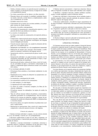 – Grafías y términos relativos a la expresión musical, la dinámica, el
tempo, la agógica, la articulación musical, el ataque de los sonidos
y la ornamentación musical.
– Los ritmos característicos de las danzas y en obras musicales.
– Principios básicos de la armonía: la tonalidad, modalidad, funcio-
nes tonales, intervalos, acordes básicos y complementarios, caden-
cias, la modulación, las escalas.
– El ámbito sonoro de las claves.
– Conocimiento de las normas de la escritura melódica y los princi-
pales sistemas de cifrado armónico.
– Iniciación a las grafías contemporáneas.
– Los sonidos de ornamentación e intensificación expresiva y com-
prensión del efecto que producen en la música.
4. La creación y la interpretación:
– La música como medio de comunicación y de expresión artística y
personal.
– Composición e improvisación de piezas musicales, individualmen-
te o en grupo, a partir de elementos morfológicos del lenguaje
musical trabajados previamente.
– Creación musical, improvisada o no, usando los elementos del len-
guaje con o sin respuesta previa.
– Interpretación vocal individual, con o sin acompañamiento instrumental.
– Elaboración de arreglos para canciones seleccionando y combi-
nando los elementos constitutivos del lenguaje musical.
– Interpretación colectiva y memorización de piezas vocales a una y
dos voces.
– Interpretación individual o en grupo de piezas musicales con los
instrumentos disponibles del aula manteniendo el tempo y respe-
tando las indicaciones de la partitura.
– Interiorización del pulso, realización de ritmos a través de la prác-
tica de actividades de danza y movimiento evolucionando en el
espacio y componiendo figuras armoniosas acordes con el carácter
de la música.
5. Las tecnologías aplicadas al sonido:
– El fenómeno físico-armónico, el movimiento ondulatorio, la serie
de Fourier.
– Fundamentos de los sistemas de afinación. Las proporciones aso-
ciadas a los intervalos.
– La transmisión y amortiguación del sonido.
– Las características acústicas de los instrumentos.
– La señal analógica y la señal digital.
– La digitalización del sonido analógico.
– La síntesis de sonido: el muestreo (samplers), los filtros de fre-
cuencias, multipistas.
– El hardware musical: los ordenadores, las tarjetas de sonido, las
conexiones.
– Tipos de software musical: editores de partituras, secuenciadores,
programas generadores de acompañamientos, mesa de mezclas.
– Práctica de los sistemas de grabación, analógica o digital, de pro-
cesamiento de sonidos de comunicación MlDl, en interpretaciones
o creaciones propias.
– El uso de la música con soporte electrónico en producciones escé-
nicas o audiovisuales.
– Realización de sonorizaciones, bien a través de la improvisación,
composición o selección musical, de textos o de imágenes.
Criterios de evaluación
1. Entonar, de forma individual o conjunta, con una correcta emisión
de la voz, una melodía o canción con o sin acompañamiento.
2. Reconocer auditivamente el pulso de una obra o fragmento, así
como el acento periódico, e interiorizarlo para mantenerlo durante breves
períodos de silencio.
3. Identificar y ejecutar instrumental o vocalmente, estructuras y
desarrollos rítmicos o melódicos simultáneos de una obra breve o frag-
mento, con o sin cambio de compás, en un tempo establecido.
4. Realizar ejercicios psicomotores e improvisar estructuras rítmicas
sobre un fragmento escuchado de manera tanto individual como conjunta.
5. Identificar y reproducir intervalos, modelos melódicos sencillos,
escalas o acordes arpegiados a partir de diferentes alturas.
6. Improvisar, individual o colectivamente, breves melodías tonales o
modales, pequeñas formas musicales partiendo de premisas relativas a
diferentes aspectos del lenguaje musical.
7. Reconocer auditivamente y describir los rasgos característicos de
las obras escuchadas o interpretadas, utilizando una correcta terminología
musical.
8. Interpretar de memoria, individual o conjuntamente, obras musica-
les o fragmentos significativos adecuados al nivel de los alumnos.
9. Improvisar o componer e interpretar una breve obra musical para
una melodía dada, que necesite la participación de varios ejecutantes e
incorporar movimiento coreográfico, utilizando los conocimientos musi-
cales adquiridos.
10. Realizar trabajos o ejercicios aplicando las herramientas que ofre-
cen las nuevas tecnologías para la creación musical.
LITERATURA UNIVERSAL
La Literatura universal tiene por objeto ampliar la formación literaria
y humanística adquirida durante la educación secundaria obligatoria y en
la materia común de Lengua castellana y literatura de bachillerato. Dado
que el bachillerato debe atender a los intereses diversos de los jóvenes, el
estudio de esta materia, en la modalidad de Humanidades y Ciencias
Sociales o en la modalidad de Artes les servirá tanto para enriquecer su
personalidad, para profundizar y ampliar su particular visión del mundo
mediante unos hábitos de lectura consciente, como para adquirir una for-
mación acorde a sus intereses académicos y profesionales para el futuro.
La aproximación a los textos literarios realizada durante los años
anteriores se completa con una visión de conjunto de los grandes movi-
mientos literarios y de las obras y los autores más representativos de otras
literaturas, lo que proporcionará una visión más comprensiva, amplia y
profunda del discurso literario como fenómeno universal.
Los textos literarios son la expresión artística de concepciones ideológi-
cas y estéticas que representan a una época, interpretadas por el genio crea-
dor de los autores. Son parte esencial de la memoria cultural y artística de la
humanidad y de su forma de interpretar el mundo; constituyen el depósito
de sus emociones, ideas y fantasías. Es decir, reflejan pensamientos y senti-
mientos colectivos y contribuyen a la comprensión de las señas de identidad
de las diferentes culturas en distintos momentos de su historia. Además, la
variedad de contextos, géneros y soportes a los que sirve de base la literatu-
ra (ópera, escenografías teatrales, composiciones musicales, manifestacio-
nes plásticas de todo tipo), contribuye a ampliar y consolidar el dominio de
los recursos de la competencia comunicativa en todos los aspectos.
Por otra parte, la literatura desempeña un papel muy importante en la
maduración intelectual, estética y afectiva de los jóvenes, al permitirles
ver objetivadas también sus experiencias individuales en un momento en
que son evidentes sus necesidades de socialización y apertura a la reali-
dad. Además tiene claras conexiones con la historia del arte y del pensa-
miento por lo que resulta eficaz para el desarrollo de la conciencia críti-
ca y, en última instancia, para la conformación de la personalidad.
Pero, más allá de toda suerte de fronteras y límites, la literatura aborda
temas recurrentes, casi siempre comunes a culturas muy diversas; se erige,
de esta forma, en testimonio de que la humanidad ha tenido permanente-
mente unas inquietudes, se ha visto acuciada por necesidades parecidas y se
ha aferrado a través de los tiempos a las mismas ensoñaciones. La poesía, en
su sentido más amplio, nos convierte en ciudadanos del mundo.
La materia se inicia con un primer bloque de contenidos común al resto.
El comentario y el análisis de las obras literarias se concibe como un proce-
dimiento de trabajo fundamental, pues el contacto directo con obras repre-
sentativas o de algunos de sus fragmentos más relevantes, debidamente con-
textualizados, es la base de una verdadera formación cultural. Los
estudiantes de bachillerato deben tener unas capacidades básicas para apro-
ximarse a la realidad con una actitud abierta y desde múltiples puntos de
vista, así como para comparar textos de características similares en la forma
o en los contenidos, para transferir sus conocimientos y para establecer rela-
ciones entre las nuevas lecturas y los marcos conceptuales previamente
incorporados a sus conocimientos, familiarizándose con las fuentes
B.O.C. y L. - N.º 111 Miércoles, 11 de junio 2008 11341
 