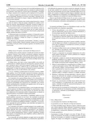 5. Identificar las fuentes de energía de la actividad geodinámica de la
Tierra y reconocer sus principales procesos y productos; explicar el papel
de la geosfera como fuente de recursos para la humanidad, y distinguir
los riesgos naturales de los inducidos por la explotación de la geosfera.
6. Analizar el papel de la naturaleza como fuente limitada de recursos
para la humanidad, distinguir los recursos renovables o perennes de los
no renovables y determinar los riesgos e impactos ambientales derivados
de las acciones humanas.
7. Reconocer el ecosistema como sistema natural interactivo, conocer
sus ciclos de materia y flujos de energía, interpretar los cambios en tér-
minos de sucesión, autorregulación y regresión, reconocer el papel eco-
lógico de la biodiversidad y el aprovechamiento racional de sus recursos.
8. Caracterizar el suelo y el sistema litoral como interfases, valorar su
importancia ecológica y conocer las razones por las cuales existen en
España zonas sometidas a una progresiva desertización, proponiendo
algunas medidas para paliar sus efectos.
9. Diferenciar entre el crecimiento económico y el desarrollo sosteni-
ble y proponer medidas encaminadas a aprovechar mejor los recursos, a
disminuir los impactos, a mitigar los riesgos y a conseguir un medio
ambiente más saludable.
10. Identificar las principales peculiaridades, referidas a recursos
energéticos, biodiversidad y espacios naturales, propias de la Comunidad
de Castilla y León para valorar la riqueza regional y los beneficios de su
conservación.
DIBUJO TÉCNICO I Y II
(Dibujo técnico II requiere conocimiento de Dibujo técnico I)
El dibujo técnico permite expresar el mundo de las formas de mane-
ra objetiva. Gracias a esta función comunicativa podemos transmitir,
interpretar y comprender ideas o proyectos de manera objetiva y unívoca.
Para que todo ello sea posible se han acordado una serie de convenciona-
lismos gráficos que están recogidos en las normas de dibujo técnico, que
garantizan su objetividad y fiabilidad.
El dibujo técnico, por tanto, se hace imprescindible como medio de
comunicación en cualquier proceso de investigación o proyecto tecnoló-
gico y productivo que se sirva de los aspectos visuales de las ideas y de
las formas para visualizar y definir lo que se está diseñando, creando o
produciendo, a lo largo de un proceso de diseño de mayor o menor com-
plejidad, tanto sea con un valor utilitario como artístico.
A su vez, contribuye a proporcionar los necesarios recursos y habili-
dades gráficas, con el fin de poder concretar las distintas soluciones,
desde las primeras propuestas hasta la solución final, que se representa en
dibujos perfectamente codificados según las convenciones al uso.
Los contenidos de la materia Dibujo técnico I y II se desarrollan a lo
largo de los dos cursos del bachillerato. En el primer curso se proporcio-
na una visión general de la materia mediante la presentación, con distin-
to grado de profundidad, de la mayoría de los contenidos, cuya consoli-
dación y profundización se abordará en el segundo curso, a la vez que se
completa el currículo con otros nuevos.
Esta materia tiene un componente teórico y otro de aplicación prácti-
ca. En las prácticas de dibujo se desarrollarán los conocimientos y habi-
lidades gráficas expuestas en las clases teóricas. Es necesario que, junto
a la comprensión de los principios gráficos fundamentales, se muestre su
aplicación práctica a los distintos campos profesionales.
La adquisición de los conocimientos y habilidades gráficas de esta
materia podrían concretarse en tres fases. En la primera se pretende
fomentar la capacidad de pensar y representar la realidad mediante pro-
cedimientos gráficos; en la segunda el desarrollo de habilidades y su apli-
cación a la resolución de problemas formales y espaciales; y en la terce-
ra la capacidad de resolver problemas reales derivados del mundo de la
tecnología y de la edificación.
Los contenidos de la materia se pueden agrupar en tres grandes apar-
tados interrelacionados entre sí, aunque con entidad propia: la geometría
métrica aplicada, para resolver problemas geométricos y de configura-
ción de formas en el plano; la geometría descriptiva, para representar
sobre un soporte bidimensional, formas y cuerpos volumétricos situados
en el espacio; y la normalización, para simplificar, unificar y objetivar las
representaciones gráficas.
En el desarrollo del currículo adquieren un papel cada vez más predo-
minante las tecnologías de la información y la comunicación, especialmen-
te la utilización de programas de diseño asistido por ordenador. Es necesa-
rio, por tanto, incluirlo en el currículo no como un contenido en sí mismo,
sino como una herramienta más que ayude a desarrollar alguno de los con-
tenidos de la materia, sirviendo al mismo tiempo al alumnado como estí-
mulo y complemento en su formación y en la adquisición de una visión más
completa e integrada en la realidad de la materia de Dibujo técnico.
Dada la especificidad del Dibujo técnico II, así como su mayor com-
plejidad y extensión de contenidos, sería recomendable abordar el mane-
jo de las herramientas informáticas principalmente en el primer curso.
Objetivos
La enseñanza del Dibujo técnico en el bachillerato tendrá como fina-
lidad el desarrollo de las siguientes capacidades:
1. Utilizar adecuadamente y con cierta destreza los instrumentos,
tanto los tradicionales como los nuevos sistemas informáticos, y
la terminología específica del dibujo técnico.
2. Desarrollar las capacidades que permitan expresar con precisión
y objetividad las soluciones gráficas ante problemas planteados
en el mundo de la técnica, de la construcción, de las artes y del
diseño.
3. Valorar la importancia que tiene el correcto acabado y presenta-
ción del dibujo en lo referido a la diferenciación de los distintos
trazos que lo configuran, la exactitud de los mismos y la limpie-
za y cuidado del soporte.
4. Considerar el dibujo técnico como un lenguaje objetivo y univer-
sal, valorando la necesidad de conocer su sintaxis para poder
expresar y comprender la información.
5. Conocer y comprender los principales fundamentos de la Geo-
metría métrica aplicada para resolver problemas de configura-
ción de formas en el plano.
6. Comprender y emplear los sistemas de representación para resolver
problemas geométricos en el espacio o representar figuras tridi-
mensionales en el plano, habituales en el campo de la técnica y del
arte, basados en las proyecciones ortogonal, oblicua y cónica.
7. Valorar la universalidad de la normalización en el dibujo técnico
y aplicar la principales normas UNE e ISO referidas a la obten-
ción, posición, códigos, convencionalismos gráficos, simplifica-
ción y acotación de las vistas de un cuerpo.
8. Emplear el croquis y la perspectiva a mano alzada como medio de
expresión gráfica y conseguir la destreza y la rapidez necesarias.
9. Planificar y reflexionar, de forma individual y colectiva, sobre el
proceso de realización de cualquier construcción geométrica,
relacionándose con otras personas en las actividades colectivas
con flexibilidad y responsabilidad.
10. Integrar sus conocimientos de dibujo técnico dentro de los pro-
cesos tecnológicos y en aplicaciones de la vida cotidiana, revi-
sando y valorando el estado de consecución del proyecto o acti-
vidad siempre que sea necesario.
11. Interesarse por las tecnologías de la información y la comunica-
ción, en particular por los programas de diseño, disfrutando con
su utilización y valorando sus posibilidades en la realización de
planos técnicos.
Dibujo técnico I
Contenidos
1. Arte y dibujo técnico:
– Los principales hitos históricos del dibujo técnico.
– La geometría en el arte. Relación a lo largo de la historia.
– La estética del dibujo técnico. Recursos estéticos. Diferencia entre
arte y diseño industrial. Dibujo industrial. Características estéticas
del producto industrial: forma, material, superficie y color. Diseño
de arquitectura y construcción, urbanístico y de interiores.
2. Trazados geométricos:
– Instrumentos de dibujo. El papel y sus clases. El lápiz. El saca-
puntas. El portaminas. El estuche y el afilador de minas. La goma
de borrar. La escuadra y el cartabón. La regla. El transportador de
ángulos. El compás. Los estilógrafos. Las plantillas.
11350 Miércoles, 11 de junio 2008 B.O.C. y L. - N.º 111
 
