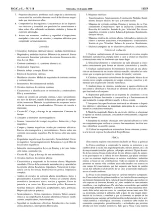 7. Proponer soluciones a problemas en el campo de la electrotecnia
con un nivel de precisión coherente con el de las diversas magni-
tudes que intervienen en ellos.
8. Comprender las descripciones y características de los dispositi-
vos eléctricos y transmitir con precisión los conocimientos e
ideas sobre ellos utilizando vocabulario, símbolos y formas de
expresión apropiadas.
9. Actuar con autonomía, confianza y seguridad al inspeccionar,
manipular e intervenir en circuitos y máquinas eléctricas para
comprender su funcionamiento.
Contenidos
1. Conceptos y fenómenos eléctricos básicos y medidas electrotécnicas:
– Magnitudes y unidades eléctricas. Diferencia de potencial. Fuerza
electromotriz. Intensidad y densidad de corriente. Resistencia eléc-
trica. Ley de Ohm.
– Corriente continua (c.c.) y corriente alterna (c.a.).
– Condensador. Capacidad.
– Potencia, trabajo y energía. Efecto Joule.
– Efectos de la corriente eléctrica.
– Medidas en circuitos. Medida de magnitudes de corriente continua
y corriente alterna.
– Instrumentos. Procedimientos de medida.
2. Circuitos eléctricos de corriente continua:
– Características e identificación de resistencias y condensadores.
Pilas y acumuladores.
– Análisis de circuitos de corriente continua. Leyes y procedimien-
tos: leyes de Kirchoff, método de las mallas, principio de superpo-
sición, teorema de Thevenin. Acoplamientos de receptores: asocia-
ción de resistencias y condensadores. Divisores de tensión e
intensidad.
– Circuito RC. Carga y descarga de un condensador. Constante de
tiempo.
3. Conceptos y fenómenos electromagnéticos:
– Imanes. Intensidad del campo magnético. Inducción y flujo
magnético.
– Campos y fuerzas magnéticas creados por corrientes eléctricas.
Fuerzas electromagnética y electrodinámica. Fuerza sobre una
corriente en un campo magnético. Par de fuerzas sobre una espira
plana.
– Propiedades magnéticas de los materiales. Permeabilidad. Circui-
to magnético. Fuerza magnetomotriz. Reluctancia. Ley de Ohm de
los circuitos magnéticos.
– Inducción electromagnética. Leyes de Faraday y de Lenz. Induc-
ción mutua. Autoinducción.
– Circuito RL. Carga y descarga de una autoinducción.
4. Circuitos eléctricos de corriente alterna:
– Características y magnitudes de la corriente alterna. Magnitudes
senoidales. Efectos de la resistencia, autoinducción y capacidad en
la corriente alterna. Reactancia. Impedancia. Variación de la impe-
dancia con la frecuencia. Representación gráfica. Impedancia
compleja.
– Análisis de circuitos de corriente alterna monofásicos. Leyes y
procedimientos. Circuitos simples. Potencia en corriente alterna
monofásica: instantánea, activa, reactiva y aparente. Factor de
potencia y su corrección. Representación gráfica. Resonancia.
– Sistemas trifásicos: generación, acoplamientos, tipos, potencias.
Mejora del factor de potencia.
– Semiconductores. Diodos, transistores, tiristores. Valores caracte-
rísticos y su comprobación. Circuitos electrónicos básicos: rectifi-
cadores, amplificadores, multivibradores.
– Seguridad en instalaciones eléctricas. Introducción a las instala-
ciones domésticas, interruptores diferenciales.
5. Máquinas eléctricas:
– Transformadores. Funcionamiento. Constitución. Pérdidas. Rendi-
miento. Ensayos básicos: de vacío y de cortocircuito.
– Máquinas de corriente continua. Dinamos y motores de c.c. Fun-
cionamiento. Conexionados: tipos de excitación. Conmutación.
Reacción del inducido. Sentido de giro. Velocidad. Par electro-
magnético, resistente y motor. Balance de potencias. Rendimiento.
Ensayos básicos.
– Máquinas rotativas de corriente alterna. Alternadores, motores sín-
cronos y motores asíncronos. Funcionamiento. Conexionados.
Sentido de giro. Velocidad. Balance de potencias. Rendimiento.
– Eficiencia energética de los dispositivos eléctricos y electrónicos.
Criterios de evaluación
1. Explicar cualitativamente el funcionamiento de circuitos simples
destinados a producir luz, energía motriz o calor y señalar las relaciones
e interacciones entre los fenómenos que tienen lugar.
2. Seleccionar elementos o componentes de valor adecuado y conec-
tarlos correctamente para formar un circuito, característico y sencillo.
3. Explicar cualitativamente los fenómenos derivados de una altera-
ción en un elemento de un circuito eléctrico sencillo y describir las varia-
ciones que se espera que tomen los valores de tensión y corriente.
4. Calcular y representar vectorialmente las magnitudes básicas de un
circuito mixto simple, compuesto por cargas resistivas y reactivas y ali-
mentado por un generador senoidal monofásico.
5. Analizar planos de circuitos, instalaciones y equipos eléctricos de
uso común e identificar la función de un elemento discreto o de un blo-
que funcional en el conjunto.
6. Representar gráficamente en un esquema de conexiones o en un
diagrama de bloques funcionales la composición y el funcionamiento de
una instalación o equipo eléctrico sencillo y de uso común.
7. Interpretar las especificaciones técnicas de un elemento o disposi-
tivo eléctrico y determinar las magnitudes principales de su comporta-
miento en condiciones nominales.
8. Medir las magnitudes básicas de un circuito eléctrico y seleccionar
el aparato de medida adecuado, conectándolo correctamente y eligiendo
la escala óptima.
9. Interpretar las medidas efectuadas sobre circuitos eléctricos o sobre
sus componentes para verificar su correcto funcionamiento, localizar ave-
rías e identificar sus posibles causas.
10. Utilizar las magnitudes de referencia de forma coherente y correc-
ta a la hora de expresar la solución de los problemas.
FÍSICA
(Esta materia requiere conocimientos incluidos en Física y química)
La Física contribuye a comprender la materia, su estructura y sus
cambios desde la escala más pequeña (partículas, núcleos, átomos, etc.) a la
de mayor tamaño (estrellas, galaxias y el propio universo). El gran desarro-
llo de las ciencias físicas producido en los dos últimos siglos ha supues-
to un gran impacto en la vida de los seres humanos, que puede constatar-
se por sus enormes implicaciones en nuestras sociedades: industrias
enteras se basan en sus contribuciones. Todo un conjunto de artefactos
presentes en nuestra vida cotidiana están relacionados con avances en
este campo del conocimiento, que han supuesto una fuente de cambio
social, han influido en el desarrollo de las ideas y han tenido implicacio-
nes en el medio ambiente.
La Física es una materia que tiene un carácter formativo y preparato-
rio. Como todas las disciplinas científicas, las ciencias físicas constituyen
un elemento fundamental de la cultura de nuestro tiempo, que incluye no
sólo aspectos de literatura, historia, etc., sino también los conocimientos
científicos y sus implicaciones. Por otro lado, un currículo, que también
en esta etapa pretende contribuir a la formación de una ciudadanía infor-
mada, debe incluir aspectos como las complejas interacciones entre físi-
ca, tecnología, sociedad y ambiente, salir al paso de una imagen empo-
brecida de la ciencia y contribuir a que el alumnado se apropie de las
competencias que suponen su familiarización con la naturaleza de la acti-
vidad científica y tecnológica. Asimismo, el currículo debe incluir los
contenidos conceptuales, procedimentales y actitudinales que permitan
abordar con éxito estudios posteriores, dado que la Física es una materia
B.O.C. y L. - N.º 111 Miércoles, 11 de junio 2008 11353
 