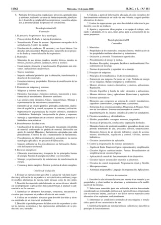 8. Participar de forma activa en prácticas y proyectos, aportando ideas
y opiniones, realizando las tareas de forma responsable, planifican-
do el desarrollo y cumpliendo los compromisos y acuerdos adopta-
dos, y presentar al final del proceso sus conclusiones.
Tecnología industrial I
Contenidos
1. El proceso y los productos de la tecnología:
– Proceso cíclico de diseño y mejora de productos.
– Normalización. Clases de normas. Organismos encargados de la
normalización. Control de calidad.
– Distribución de productos. El mercado y sus leyes básicas. Los
derechos del consumidor. Planificación y desarrollo de un proyec-
to de diseño y comercialización de un producto.
2. Materiales:
– Materiales de uso técnico (madera, metales férricos, metales no
férricos, plásticos, pétreos, cerámicos, fibras y textiles).
– Estado natural, obtención y transformación. Propiedades más rele-
vantes. Aplicaciones características.
– Nuevos materiales.
– Impacto ambiental producido por la obtención, transformación y
desecho de los materiales.
– Estructura interna y propiedades. Técnicas de modificación de las
propiedades.
3. Elementos de máquinas y sistemas:
– Máquinas y sistemas mecánicos.
– Elementos funcionales: elementos motrices, transmisión y trans-
formación de movimientos. Elementos auxiliares.
– Las uniones entre elementos. Clases. Características. Montaje y
experimentación de mecanismos característicos.
– Elementos de un circuito genérico: generador, conductores, disposi-
tivos de regulación y control, receptores de consumo y utilización.
– Representación esquematizada de circuitos eléctricos, neumáticos
e hidráulicos. Simbología. Interpretación de planos y esquemas.
– Montaje y experimentación de circuitos eléctricos, neumáticos e
hidráulicos característicos.
4. Procedimientos de fabricación:
– Clasificación de las técnicas de fabricación: mecanizado con pérdida
de material, conformado sin pérdida de material, fabricación con
aporte de material. Máquinas y herramientas apropiadas para cada
procedimiento. Criterios de uso y mantenimiento de herramientas.
– Procedimientos de fabricación manuales y automáticos: las nuevas
tecnologías aplicadas a los procesos de fabricación.
– Impacto ambiental de los procedimientos de fabricación. Reduc-
ción del impacto ambiental.
5. Recursos energéticos:
– Obtención, transformación y transporte de las principales fuentes
de energía. Fuentes de energía renovables y no renovables.
– Montaje y experimentación de instalaciones de transformación de
energía.
– Consumo y ahorro energético. Técnicas y criterios de ahorro energético.
Criterios de evaluación
1. Evaluar las repercusiones que sobre la calidad de vida tiene la pro-
ducción y utilización de un producto o servicio técnico cotidiano y suge-
rir posibles alternativas de mejora, tanto técnicas como de otro orden.
2. Describir los materiales más habituales en su uso técnico, identifi-
car sus propiedades y aplicaciones más características, y analizar su ade-
cuación a un fin concreto.
3. Identificar los elementos funcionales, estructuras, mecanismos y
circuitos que componen un producto técnico de uso común.
4. Utilizar un vocabulario adecuado para describir los útiles y técni-
cas empleadas en un proceso de producción.
5. Describir el probable proceso de fabricación de un producto y valo-
rar las razones económicas y las repercusiones ambientales de su pro-
ducción, uso y desecho.
6. Calcular, a partir de información adecuada, el coste energético del
funcionamiento ordinario de un local o de una vivienda y sugerir posibles
alternativas de ahorro.
7. Evaluar las repercusiones que sobre la calidad de vida tiene la pro-
ducción y uso de un producto.
8. Aportar y argumentar ideas propias a un equipo de trabajo, valo-
rando y adoptando, en su caso, ideas ajenas para la consecución de las
metas propuestas.
Tecnología industrial II
Contenidos
1. Materiales:
– Propiedades de los materiales, estructura interna. Modificación de
las propiedades mediante aleaciones y tratamientos.
– Oxidación y corrosión. Tratamientos superficiales.
– Procedimientos de ensayo y medida.
– Residuos. Recogida y transporte. Incidencia medioambiental. Pro-
cedimientos de reciclaje.
– Normas de precaución y seguridad en su manejo.
2. Principios de máquinas:
– Principios de termodinámica. Ciclos termodinámicos.
– Potencia de una máquina. Par motor en el eje. Pérdidas de energía
en las máquinas. Balance energético y rendimiento.
– Motores térmicos: motores alternativos y rotativos, aplicaciones.
Regulación.
– Circuito frigorífico y bomba de calor: elementos y aplicaciones.
– Motores eléctricos: tipos y aplicaciones. Protecciones y regulación.
3. Sistemas automáticos:
– Elementos que componen un sistema de control: transductores,
captadores controladores, comparadores y actuadores.
– Estructura de un sistema automático. Diagramas de bloques. Siste-
mas de lazo abierto. Sistemas realimentados de control.
– Experimentación de circuitos sencillos de control en simuladores.
4. Circuitos neumáticos y oleohidráulicos:
– Fluidos: propiedades, conceptos, teoremas, magnitudes.
– Técnicas de producción, conducción y depuración de fluidos.
– Elementos básicos de un circuito neumático: generadores de aire com-
primido, tratamiento del aire, actuadores, válvulas, temporizadores.
– Elementos básicos de un circuito hidráulico: grupo de acciona-
miento, distribución, regulación y control, válvulas, motores
hidráulicos.
– Circuitos característicos de aplicación.
5. Control y programación de sistemas automáticos:
– Álgebra de Boole. Funciones lógicas: representación y simplificación.
– Circuitos lógicos combinacionales. Puertas. Procedimientos de
simplificación de circuitos lógicos.
– Aplicación al control del funcionamiento de un dispositivo.
– Circuitos lógicos secuenciales síncronos y asíncronos.
– Circuitos de control programado. Programación rígida y flexible.
– Microprocesadores.
– Autómatas programables. Lenguajes de programación. Aplicaciones.
Criterios de evaluación
1. Describir la relación entre la estructura interna de un material y sus
propiedades, y cómo inciden las aleaciones y tratamientos en la modifi-
cación de las mismas.
2. Seleccionar materiales para una aplicación práctica determinada,
considerando sus propiedades intrínsecas y factores técnicos relacionados
con su estructura interna. Analizar el uso de los nuevos materiales como
alternativa a los empleados tradicionalmente.
3. Determinar las condiciones nominales de una máquina o instala-
ción a partir de sus características de uso.
4. Identificar las partes de motores térmicos y eléctricos y describir su
principio de funcionamiento.
11362 Miércoles, 11 de junio 2008 B.O.C. y L. - N.º 111
 