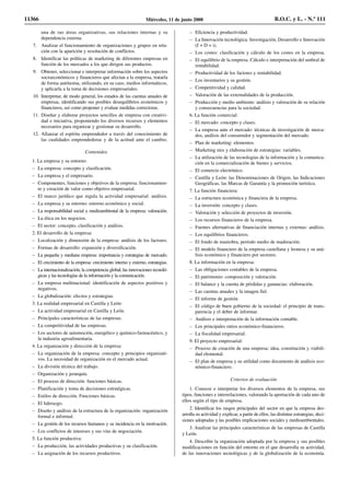 una de sus áreas organizativas, sus relaciones internas y su
dependencia externa.
7. Analizar el funcionamiento de organizaciones y grupos en rela-
ción con la aparición y resolución de conflictos.
8. Identificar las políticas de marketing de diferentes empresas en
función de los mercados a los que dirigen sus productos.
9. Obtener, seleccionar e interpretar información sobre los aspectos
socioeconómicos y financieros que afectan a la empresa, tratarla
de forma autónoma, utilizando, en su caso, medios informáticos,
y aplicarla a la toma de decisiones empresariales.
10. Interpretar, de modo general, los estados de las cuentas anuales de
empresas, identificando sus posibles desequilibrios económicos y
financieros, así como proponer y evaluar medidas correctoras.
11. Diseñar y elaborar proyectos sencillos de empresa con creativi-
dad e iniciativa, proponiendo los diversos recursos y elementos
necesarios para organizar y gestionar su desarrollo.
12. Afianzar el espíritu emprendedor a través del conocimiento de
las cualidades emprendedoras y de la actitud ante el cambio.
Contenidos
1. La empresa y su entorno:
– La empresa: concepto y clasificación.
– La empresa y el empresario.
– Componentes, funciones y objetivos de la empresa; funcionamien-
to y creación de valor como objetivo empresarial.
– El marco jurídico que regula la actividad empresarial: análisis.
– La empresa y su entorno: entorno económico y social.
– La responsabilidad social y medioambiental de la empresa: valoración.
– La ética en los negocios.
– El sector: concepto, clasificación y análisis.
2. El desarrollo de la empresa:
– Localización y dimensión de la empresa: análisis de los factores.
– Formas de desarrollo: expansión y diversificación.
– La pequeña y mediana empresa: importancia y estrategias de mercado.
– El crecimiento de la empresa: crecimiento interno y externo, estrategias.
– La internacionalización, la competencia global, las innovaciones tecnoló-
gicas y las tecnologías de la información y la comunicación.
– La empresa multinacional: identificación de aspectos positivos y
negativos.
– La globalización: efectos y estrategias.
3. La realidad empresarial en Castilla y León:
– La actividad empresarial en Castilla y León.
– Principales características de las empresas.
– La competitividad de las empresas.
– Los sectores de automoción, energético y químico-farmacéutico, y
la industria agroalimentaria.
4. La organización y dirección de la empresa:
– La organización de la empresa: concepto y principios organizati-
vos. La necesidad de organización en el mercado actual.
– La división técnica del trabajo.
– Organización y jerarquía.
– El proceso de dirección: funciones básicas.
– Planificación y toma de decisiones estratégicas.
– Estilos de dirección. Funciones básicas.
– El liderazgo.
– Diseño y análisis de la estructura de la organización: organización
formal e informal.
– La gestión de los recursos humanos y su incidencia en la motivación.
– Los conflictos de intereses y sus vías de negociación.
5. La función productiva:
– La producción, las actividades productivas y su clasificación.
– La asignación de los recursos productivos.
– Eficiencia y productividad.
– La Innovación tecnológica: Investigación, Desarrollo e Innovación
(I + D + i).
– Los costes: clasificación y cálculo de los costes en la empresa.
– El equilibrio de la empresa. Cálculo e interpretación del umbral de
rentabilidad.
– Productividad de los factores y rentabilidad.
– Los inventarios y su gestión.
– Competitividad y calidad.
– Valoración de las externalidades de la producción.
– Producción y medio ambiente: análisis y valoración de su relación
y consecuencias para la sociedad.
6. La función comercial:
– El mercado: concepto y clases.
– La empresa ante el mercado: técnicas de investigación de merca-
dos, análisis del consumidor y segmentación del mercado.
– Plan de marketing: elementos.
– Marketing mix y elaboración de estrategias: variables.
– La utilización de las tecnologías de la información y la comunica-
ción en la comercialización de bienes y servicios.
– El comercio electrónico.
– Castilla y León: las Denominaciones de Origen, las Indicaciones
Geográficas, las Marcas de Garantía y la promoción turística.
7. La función financiera:
– La estructura económica y financiera de la empresa.
– La inversión: concepto y clases.
– Valoración y selección de proyectos de inversión.
– Los recursos financieros de la empresa.
– Fuentes alternativas de financiación internas y externas: análisis.
– Los equilibrios financieros.
– El fondo de maniobra, período medio de maduración.
– El modelo financiero de la empresa castellana y leonesa y su aná-
lisis económico y financiero por sectores.
8. La información en la empresa:
– Las obligaciones contables de la empresa.
– El patrimonio: composición y valoración.
– El balance y la cuenta de pérdidas y ganancias: elaboración.
– Las cuentas anuales y la imagen fiel.
– El informe de gestión.
– El código de buen gobierno de la sociedad: el principio de trans-
parencia y el deber de informar.
– Análisis e interpretación de la información contable.
– Los principales ratios económico-financieros.
– La fiscalidad empresarial.
9. El proyecto empresarial:
– Proceso de creación de una empresa: idea, constitución y viabili-
dad elemental.
– El plan de empresa y su utilidad como documento de análisis eco-
nómico-financiero.
Criterios de evaluación
1. Conocer e interpretar los diversos elementos de la empresa, sus
tipos, funciones e interrelaciones, valorando la aportación de cada uno de
ellos según el tipo de empresa.
2. Identificar los rasgos principales del sector en que la empresa des-
arrolla su actividad y explicar, a partir de ellos, las distintas estrategias, deci-
siones adoptadas y las posibles implicaciones sociales y medioambientales.
3. Analizar las principales características de las empresas de Castilla
y León.
4. Describir la organización adoptada por la empresa y sus posibles
modificaciones en función del entorno en el que desarrolla su actividad,
de las innovaciones tecnológicas y de la globalización de la economía.
11366 Miércoles, 11 de junio 2008 B.O.C. y L. - N.º 111
 