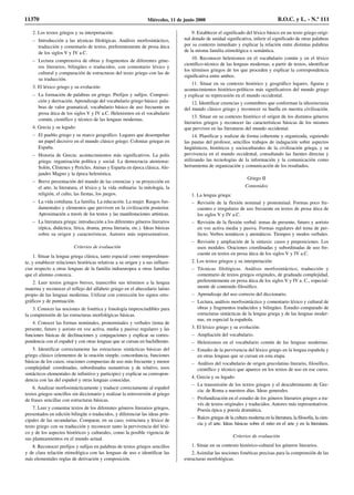 2. Los textos griegos y su interpretación:
– Introducción a las técnicas filológicas. Análisis morfosintáctico,
traducción y comentario de textos, preferentemente de prosa ática
de los siglos V y IV a.C.
– Lectura comprensiva de obras y fragmentos de diferentes géne-
ros literarios, bilingües o traducidos, con comentario léxico y
cultural y comparación de estructuras del texto griego con las de
su traducción.
3. El léxico griego y su evolución:
– La formación de palabras en griego. Prefijos y sufijos. Composi-
ción y derivación. Aprendizaje del vocabulario griego básico: pala-
bras de valor gramatical, vocabulario básico de uso frecuente en
prosa ática de los siglos V y IV a.C. Helenismos en el vocabulario
común, científico y técnico de las lenguas modernas.
4. Grecia y su legado:
– El pueblo griego y su marco geográfico. Lugares que desempeñan
un papel decisivo en el mundo clásico griego. Colonias griegas en
España.
– Historia de Grecia: acontecimientos más significativos. La polis
griega: organización política y social. La democracia ateniense:
Solón, Clístenes y Pericles. Atenas y Esparta en época clásica. Ale-
jandro Magno y la época helenística.
– Breve presentación del mundo de las creencias y su proyección en
el arte, la literatura, el léxico y la vida ordinaria: la mitología, la
religión, el culto, las fiestas, los juegos.
– La vida cotidiana. La familia. La educación. La mujer. Rasgos fun-
damentales y elementos que perviven en la civilización posterior.
Aproximación a través de los textos y las manifestaciones artísticas.
– La literatura griega: introducción a los diferentes géneros literarios
(épica, didáctica, lírica, drama, prosa literaria, etc.). Ideas básicas
sobre su origen y características. Autores más representativos.
Criterios de evaluación
1. Situar la lengua griega clásica, tanto espacial como temporalmen-
te, y establecer relaciones históricas relativas a su origen y a sus influen-
cias respecto a otras lenguas de la familia indoeuropea u otras familias
que el alumno conozca.
2. Leer textos griegos breves, transcribir sus términos a la lengua
materna y reconocer el reflejo del alfabeto griego en el abecedario latino
propio de las lenguas modernas. Utilizar con corrección los signos orto-
gráficos y de puntuación.
3. Conocer las nociones de fonética y fonología imprescindibles para
la comprensión de las estructuras morfológicas básicas.
4. Conocer las formas nominales, pronominales y verbales (tema de
presente, futuro y aoristo en voz activa, media y pasiva) regulares y las
funciones básicas de declinaciones y conjugaciones y explicar su corres-
pondencia con el español y con otras lenguas que se cursan en bachillerato.
5. Identificar correctamente las estructuras sintácticas básicas del
griego clásico (elementos de la oración simple, concordancia, funciones
básicas de los casos, oraciones compuestas de uso más frecuente y menor
complejidad: coordinadas, subordinadas sustantivas y de relativo, usos
sintácticos elementales de infinitivo y participio) y explicar su correspon-
dencia con las del español y otras lenguas conocidas.
6. Analizar morfosintácticamente y traducir correctamente al español
textos griegos sencillos sin diccionario y realizar la retroversión al griego
de frases sencillas con estructuras básicas.
7. Leer y comentar textos de los diferentes géneros literarios griegos,
presentados en edición bilingüe o traducidos, y diferenciar las ideas prin-
cipales de las secundarias. Comparar, en su caso, estructura y léxico de
texto griego con su traducción y reconocer tanto la pervivencia del léxi-
co y de los aspectos históricos y culturales, como la posible vigencia de
sus planteamientos en el mundo actual.
8. Reconocer prefijos y sufijos en palabras de textos griegos sencillos
y de clara relación etimológica con las lenguas de uso e identificar las
más elementales reglas de derivación y composición.
9. Establecer el significado del léxico básico en un texto griego origi-
nal dotado de unidad significativa, inferir el significado de otras palabras
por su contexto inmediato y explicar la relación entre distintas palabras
de la misma familia etimológica o semántica.
10. Reconocer helenismos en el vocabulario común y en el léxico
científico-técnico de las lenguas modernas, a partir de textos, identificar
los términos griegos de los que proceden y explicar la correspondencia
significativa entre ambos.
11. Situar en su contexto histórico y geográfico lugares, figuras y
acontecimientos histórico-políticos más significativos del mundo griego
y explicar su repercusión en el mundo occidental.
12. Identificar creencias y costumbres que conforman la idiosincrasia
del mundo clásico griego y reconocer su huella en nuestra civilización.
13. Situar en su contexto histórico el origen de los distintos géneros
literarios griegos y reconocer las características básicas de los mismos
que perviven en las literaturas del mundo occidental.
14. Planificar y realizar de forma coherente y organizada, siguiendo
las pautas del profesor, sencillos trabajos de indagación sobre aspectos
lingüísticos, históricos y socioculturales de la civilización griega, y su
pervivencia en el mundo occidental, consultando las fuentes directas y
utilizando las tecnologías de la información y la comunicación como
herramienta de organización y comunicación de los resultados.
Griego II
Contenidos
1. La lengua griega:
– Revisión de la flexión nominal y pronominal. Formas poco fre-
cuentes e irregulares de uso frecuente en textos de prosa ática de
los siglos V y IV a.C.
– Revisión de la flexión verbal: temas de presente, futuro y aoristo
en voz activa media y pasiva. Formas regulares del tema de per-
fecto. Verbos temáticos y atemáticos. Tiempos y modos verbales.
– Revisión y ampliación de la sintaxis: casos y preposiciones. Los
usos modales. Oraciones coordinadas y subordinadas de uso fre-
cuente en textos en prosa ática de los siglos V y IV a.C.
2. Los textos griegos y su interpretación:
– Técnicas filológicas. Análisis morfosintáctico, traducción y
comentario de textos griegos originales, de graduada complejidad,
preferentemente en prosa ática de los siglos V y IV a. C., especial-
mente de contenido filosófico.
– Aprendizaje del uso correcto del diccionario.
– Lectura, análisis morfosintáctico y comentario léxico y cultural de
obras y fragmentos traducidos y bilingües. Estudio comparado de
estructuras sintácticas de la lengua griega y de las lenguas moder-
nas, en especial la española.
3. El léxico griego y su evolución:
– Ampliación del vocabulario.
– Helenismos en el vocabulario común de las lenguas modernas.
– Estudio de la pervivencia del léxico griego en la lengua española y
en otras lenguas que se cursan en esta etapa.
– Análisis del vocabulario de origen grecolatino literario, filosófico,
científico y técnico que aparece en los textos de uso en ese curso.
4. Grecia y su legado:
– La transmisión de los textos griegos y el descubrimiento de Gre-
cia: de Roma a nuestros días. Ideas generales.
– Profundización en el estudio de los géneros literarios griegos a tra-
vés de textos originales y traducidos. Autores más representativos.
Poesía épica y poesía dramática.
– Raíces griegas de la cultura moderna en la literatura, la filosofía, la cien-
cia y el arte. Ideas básicas sobre el mito en el arte y en la literatura.
Criterios de evaluación
1. Situar en su contexto histórico-cultural los géneros literarios.
2. Asimilar las nociones fonéticas precisas para la comprensión de las
estructuras morfológicas.
11370 Miércoles, 11 de junio 2008 B.O.C. y L. - N.º 111
 