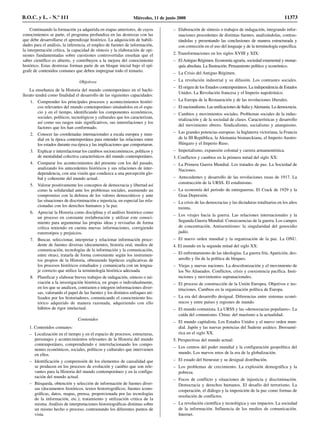 Continuando la formación ya adquirida en etapas anteriores, de cuyos
conocimientos se parte, el programa profundiza en las destrezas con las
que debe desarrollarse el aprendizaje histórico. La adquisición de habili-
dades para el análisis, la inferencia, el empleo de fuentes de información,
la interpretación crítica, la capacidad de síntesis y la elaboración de opi-
niones fundamentadas sobre cuestiones controvertidas enseñan que el
saber científico es abierto, y contribuyen a la mejora del conocimiento
histórico. Estas destrezas forman parte de un bloque inicial bajo el epí-
grafe de contenidos comunes que deben impregnar todo el temario.
Objetivos
La enseñanza de la Historia del mundo contemporáneo en el bachi-
llerato tendrá como finalidad el desarrollo de las siguientes capacidades:
1. Comprender los principales procesos y acontecimientos históri-
cos relevantes del mundo contemporáneo situándolos en el espa-
cio y en el tiempo, identificando los componentes económicos,
sociales, políticos, tecnológicos y culturales que los caracterizan,
así como sus rasgos más significativos, sus interrelaciones y los
factores que los han conformado.
2. Conocer las coordenadas internacionales a escala europea y mun-
dial en la época contemporánea para entender las relaciones entre
los estados durante esa época y las implicaciones que comportaron.
3. Explicar e interrelacionar los cambios socioeconómicos, políticos y
de mentalidad colectiva característicos del mundo contemporáneo.
4. Comparar los acontecimientos del presente con los del pasado,
analizando los antecedentes históricos y sus relaciones de inter-
dependencia, con una visión que conduzca a una percepción glo-
bal y coherente del mundo actual.
5. Valorar positivamente los conceptos de democracia y libertad así
como la solidaridad ante los problemas sociales, asumiendo un
compromiso con la defensa de los valores democráticos y ante
las situaciones de discriminación e injusticia, en especial las rela-
cionadas con los derechos humanos y la paz.
6. Apreciar la Historia como disciplina y el análisis histórico como
un proceso en constante reelaboración y utilizar este conoci-
miento para argumentar las propias ideas y revisarlas de forma
crítica teniendo en cuenta nuevas informaciones, corrigiendo
estereotipos y prejuicios.
7. Buscar, seleccionar, interpretar y relacionar información proce-
dente de fuentes diversas (documentos, historia oral, medios de
comunicación, tecnologías de la información y la comunicación,
entre otras), tratarla de forma conveniente según los instrumen-
tos propios de la Historia, obteniendo hipótesis explicativas de
los procesos históricos estudiados y comunicarla con un lengua-
je correcto que utilice la terminología histórica adecuada.
8. Planificar y elaborar breves trabajos de indagación, síntesis o ini-
ciación a la investigación histórica, en grupo o individualmente,
en los que se analicen, contrasten e integren informaciones diver-
sas, valorando el papel de las fuentes y los distintos enfoques uti-
lizados por los historiadores, comunicando el conocimiento his-
tórico adquirido de manera razonada, adquiriendo con ello
hábitos de rigor intelectual.
Contenidos
1. Contenidos comunes:
– Localización en el tiempo y en el espacio de procesos, estructuras,
personajes y acontecimientos relevantes de la Historia del mundo
contemporáneo, comprendiendo e interrelacionando los compo-
nentes económicos, sociales, políticos y culturales que intervienen
en ellos.
– Identificación y comprensión de los elementos de causalidad que
se producen en los procesos de evolución y cambio que son rele-
vantes para la Historia del mundo contemporáneo y en la configu-
ración del mundo actual.
– Búsqueda, obtención y selección de información de fuentes diver-
sas (documentos históricos, textos historiográficos, fuentes icono-
gráficas, datos, mapas, prensa, proporcionada por las tecnologías
de la información, etc.); tratamiento y utilización critica de la
misma. Análisis de interpretaciones historiográficas distintas sobre
un mismo hecho o proceso, contrastando los diferentes puntos de
vista.
– Elaboración de síntesis o trabajos de indagación, integrando infor-
maciones procedentes de distintas fuentes, analizándolas, contras-
tándolas y presentando las conclusiones de manera estructurada y
con corrección en el uso del lenguaje y de la terminología específica.
2. Transformaciones en los siglos XVIII y XIX:
– ElAntiguo Régimen. Economía agraria, sociedad estamental y monar-
quía absoluta. La Ilustración. Pensamiento político y económico.
– La Crisis del Antiguo Régimen.
– La revolución industrial y su difusión. Los contrastes sociales.
– El origen de los Estados contemporáneos. La independencia de Estados
Unidos. La Revolución francesa y el Imperio napoleónico.
– La Europa de la Restauración y de las revoluciones liberales.
– El nacionalismo. Las unificaciones de Italia yAlemania. La democracia.
– Cambios y movimientos sociales. Problemas sociales de la indus-
trialización y de la sociedad de clases. Características y desarrollo
del movimiento obrero. Sindicalismo, socialismo y anarquismo.
– Las grandes potencias europeas: la Inglaterra victoriana, la Francia
de la III República, la Alemania bismarckiana, el Imperio Austro-
Húngaro y el Imperio Ruso.
– Imperialismo, expansión colonial y carrera armamentística.
3. Conflictos y cambios en la primera mitad del siglo XX:
– La Primera Guerra Mundial. Los tratados de paz. La Sociedad de
Naciones.
– Antecedentes y desarrollo de las revoluciones rusas de 1917. La
construcción de la URSS. El estalinismo.
– La economía del periodo de entreguerras. El Crack de 1929 y la
Gran Depresión.
– La crisis de las democracias y las dictaduras totalitarias en los años
treinta.
– Los virajes hacia la guerra. Las relaciones internacionales y la
Segunda Guerra Mundial. Consecuencias de la guerra. Los campos
de concentración. Antisemitismo: la singularidad del genocidio
judío.
– El nuevo orden mundial y la organización de la paz. La ONU.
4. El mundo en la segunda mitad del siglo XX:
– El enfrentamiento de las ideologías. La guerra fría. Aparición, des-
arrollo y fin de la política de bloques.
– Viejas y nuevas naciones. La descolonización y el movimiento de
los No Alineados. Conflictos, crisis y coexistencia pacífica. Insti-
tuciones y movimientos supranacionales.
– El proceso de construcción de la Unión Europea. Objetivos e ins-
tituciones. Cambios en la organización política de Europa.
– La era del desarrollo desigual. Diferencias entre sistemas econó-
micos y entre países y regiones de mundo.
– El mundo comunista. La URSS y las «democracias populares». La
caída del comunismo. China: del maoísmo a la actualidad.
– El mundo capitalista. Los Estados Unidos y el nuevo orden mun-
dial. Japón y las nuevas potencias del Sudeste asiático. Iberoamé-
rica en el siglo XX.
5. Perspectivas del mundo actual:
– Los centros del poder mundial y la configuración geopolítica del
mundo. Los nuevos retos de la era de la globalización.
– El estado del bienestar y su desigual distribución.
– Los problemas de crecimiento. La explosión demográfica y la
pobreza.
– Focos de conflicto y situaciones de injusticia y discriminación.
Democracia y derechos humanos. El desafío del terrorismo. La
cooperación, el diálogo y la imposición de la paz como formas de
resolución de conflictos.
– La revolución científica y tecnológica y sus impactos. La sociedad
de la información. Influencia de los medios de comunicación.
Internet.
B.O.C. y L. - N.º 111 Miércoles, 11 de junio 2008 11373
 