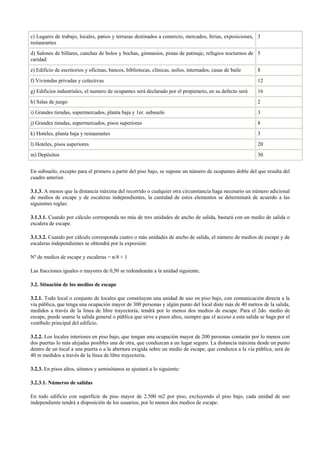c) Lugares de trabajo, locales, patios y terrazas destinados a comercio, mercados, ferias, exposiciones,
restaurantes
3
d) Salones de billares, canchas de bolos y bochas, gimnasios, pistas de patinaje, refugios nocturnos de
caridad
5
e) Edificio de escritorios y oficinas, bancos, bibliotecas, clínicas, asilos, internados, casas de baile 8
f) Viviendas privadas y colectivas 12
g) Edificios industriales, el numero de ocupantes será declarado por el propietario, en su defecto será 16
h) Salas de juego 2
i) Grandes tiendas, supermercados, planta baja y 1er. subsuelo 3
j) Grandes tiendas, supermercados, pisos superiores 8
k) Hoteles, planta baja y restaurantes 3
l) Hoteles, pisos superiores 20
m) Depósitos 30
En subsuelo, excepto para el primero a partir del piso bajo, se supone un número de ocupantes doble del que resulta del
cuadro anterior.
3.1.3. A menos que la distancia máxima del recorrido o cualquier otra circunstancia haga necesario un número adicional
de medios de escape y de escaleras independientes, la cantidad de estos elementos se determinará de acuerdo a las
siguientes reglas:
3.1.3.1. Cuando por cálculo corresponda no más de tres unidades de ancho de salida, bastará con un medio de salida o
escalera de escape.
3.1.3.2. Cuando por cálculo corresponda cuatro o más unidades de ancho de salida, el número de medios de escape y de
escaleras independientes se obtendrá por la expresión:
Nº de medios de escape y escaleras = n/4 + 1
Las fracciones iguales o mayores de 0,50 se redondearán a la unidad siguiente.
3.2. Situación de los medios de escape
3.2.1. Todo local o conjunto de locales que constituyan una unidad de uso en piso bajo, con comunicación directa a la
vía pública, que tenga una ocupación mayor de 300 personas y algún punto del local diste más de 40 metros de la salida,
medidos a través de la línea de libre trayectoria, tendrá por lo menos dos medios de escape. Para el 2do. medio de
escape, puede usarse la salida general o pública que sirve a pisos altos, siempre que el acceso a esta salida se haga por el
vestíbulo principal del edificio.
3.2.2. Los locales interiores en piso bajo, que tengan una ocupación mayor de 200 personas contarán por lo menos con
dos puertas lo más alejadas posibles una de otra, que conduzcan a un lugar seguro. La distancia máxima desde un punto
dentro de un local a una puerta o a la abertura exigida sobre un medio de escape, que conduzca a la vía pública, será de
40 m medidos a través de la línea de libre trayectoria.
3.2.3. En pisos altos, sótanos y semisótanos se ajustará a lo siguiente:
3.2.3.1. Números de salidas
En todo edificio con superficie de piso mayor de 2.500 m2 por piso, excluyendo el piso bajo, cada unidad de uso
independiente tendrá a disposición de los usuarios, por lo menos dos medios de escape.
 