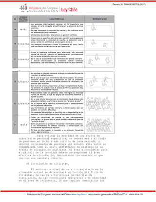Decreto 30, TRANSPORTES (2017)
Biblioteca del Congreso Nacional de Chile - www.leychile.cl - documento generado el 08-Oct-2024 página 84 de 139
.
Para estimar la densidad de una franja de
circulación peatonal específica, se deberá medir el flujo
de peatones en la hora más crítica de cada periodo, y
obtener un promedio de peatones por minuto. Este valor se
considerará como el flujo instantáneo de peatones en la
franja de circulación analizada. El área a considerar para
el cálculo de la densidad deberá corresponder al área
efectiva de circulación, descontando los obstáculos que
impidan una caminata directa.
b) Circulación de ciclistas.
El estándar o nivel de servicio existente en la
situación actual se determinará en función del flujo de
ciclistas, de las características de las vías de
circulación, de las condiciones operativas y de seguridad
en el área de influencia, lo que implica identificar las
 