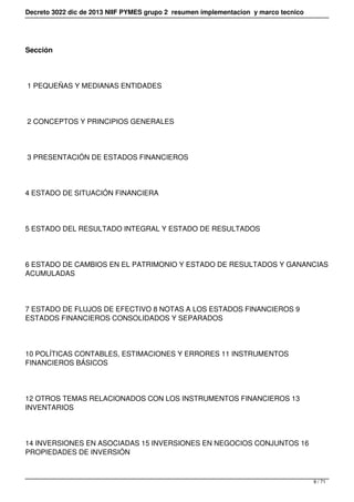 Decreto 3022 dic de 2013 NIIF PYMES grupo 2 resumen implementacion y marco tecnico
Sección
1 PEQUEÑAS Y MEDIANAS ENTIDADES...