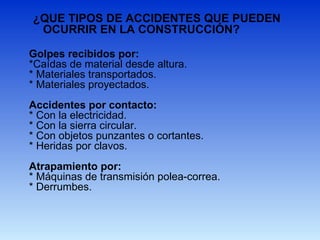 ¿QUE TIPOS DE ACCIDENTES QUE PUEDEN
OCURRIR EN LA CONSTRUCCIÓN?
Golpes recibidos por:
*Caídas de material desde altura.
* Materiales transportados.
* Materiales proyectados.
Accidentes por contacto:
* Con la electricidad.
* Con la sierra circular.
* Con objetos punzantes o cortantes.
* Heridas por clavos.
Atrapamiento por:
* Máquinas de transmisión polea-correa.
* Derrumbes.
 