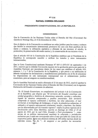 Decreto Ejecutivo que ratifica la adhesión del Ecuador a la Convemar