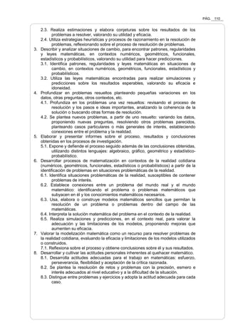 PÁG. 110
2.3. Realiza estimaciones y elabora conjeturas sobre los resultados de los
problemas a resolver, valorando su utilidad y eficacia.
2.4. Utiliza estrategias heurísticas y procesos de razonamiento en la resolución de
problemas, reflexionando sobre el proceso de resolución de problemas.
3. Describir y analizar situaciones de cambio, para encontrar patrones, regularidades
y leyes matemáticas, en contextos numéricos, geométricos, funcionales,
estadísticos y probabilísticos, valorando su utilidad para hacer predicciones.
3.1. Identifica patrones, regularidades y leyes matemáticas en situaciones de
cambio, en contextos numéricos, geométricos, funcionales, estadísticos y
probabilísticos.
3.2. Utiliza las leyes matemáticas encontradas para realizar simulaciones y
predicciones sobre los resultados esperables, valorando su eficacia e
idoneidad.
4. Profundizar en problemas resueltos planteando pequeñas variaciones en los
datos, otras preguntas, otros contextos, etc.
4.1. Profundiza en los problemas una vez resueltos: revisando el proceso de
resolución y los pasos e ideas importantes, analizando la coherencia de la
solución o buscando otras formas de resolución.
4.2. Se plantea nuevos problemas, a partir de uno resuelto: variando los datos,
proponiendo nuevas preguntas, resolviendo otros problemas parecidos,
planteando casos particulares o más generales de interés, estableciendo
conexiones entre el problema y la realidad.
5. Elaborar y presentar informes sobre el proceso, resultados y conclusiones
obtenidas en los procesos de investigación.
5.1. Expone y defiende el proceso seguido además de las conclusiones obtenidas,
utilizando distintos lenguajes: algebraico, gráfico, geométrico y estadístico-
probabilístico.
6. Desarrollar procesos de matematización en contextos de la realidad cotidiana
(numéricos, geométricos, funcionales, estadísticos o probabilísticos) a partir de la
identificación de problemas en situaciones problemáticas de la realidad.
6.1. Identifica situaciones problemáticas de la realidad, susceptibles de contener
problemas de interés.
6.2. Establece conexiones entre un problema del mundo real y el mundo
matemático: identificando el problema o problemas matemáticos que
subyacen en él y los conocimientos matemáticos necesarios.
6.3. Usa, elabora o construye modelos matemáticos sencillos que permitan la
resolución de un problema o problemas dentro del campo de las
matemáticas.
6.4. Interpreta la solución matemática del problema en el contexto de la realidad.
6.5. Realiza simulaciones y predicciones, en el contexto real, para valorar la
adecuación y las limitaciones de los modelos, proponiendo mejoras que
aumenten su eficacia.
7. Valorar la modelización matemática como un recurso para resolver problemas de
la realidad cotidiana, evaluando la eficacia y limitaciones de los modelos utilizados
o construidos.
7.1. Reflexiona sobre el proceso y obtiene conclusiones sobre él y sus resultados.
8. Desarrollar y cultivar las actitudes personales inherentes al quehacer matemático.
8.1. Desarrolla actitudes adecuadas para el trabajo en matemáticas: esfuerzo,
perseverancia, flexibilidad y aceptación de la crítica razonada.
8.2. Se plantea la resolución de retos y problemas con la precisión, esmero e
interés adecuados al nivel educativo y a la dificultad de la situación.
8.3. Distingue entre problemas y ejercicios y adopta la actitud adecuada para cada
caso.
 