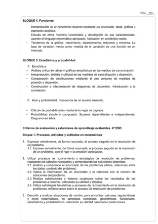 PÁG. 143
BLOQUE 4. Funciones
- Interpretación de un fenómeno descrito mediante un enunciado, tabla, gráfica o
expresión analítica.
- Estudio de otros modelos funcionales y descripción de sus características,
usando el lenguaje matemático apropiado. Aplicación en contextos reales.
- Tendencia de la gráfica: crecimiento, decrecimiento, máximos y mínimos. La
tasa de variación media como medida de la variación de una función en un
intervalo.
BLOQUE 5. Estadística y probabilidad
1. Estadística
- Análisis crítico de tablas y gráficas estadísticas en los medios de comunicación.
- Interpretación, análisis y utilidad de las medidas de centralización y dispersión.
- Comparación de distribuciones mediante el uso conjunto de medidas de
posición y dispersión.
- Construcción e interpretación de diagramas de dispersión. Introducción a la
correlación.
2. Azar y probabilidad. Frecuencia de un suceso aleatorio.
- Cálculo de probabilidades mediante la regla de Laplace.
- Probabilidad simple y compuesta. Sucesos dependientes e independientes.
Diagrama en árbol.
Criterios de evaluación y estándares de aprendizaje evaluables. 4º ESO
Bloque 1. Procesos, métodos y actitudes en matemáticas
1. Expresar verbalmente, de forma razonada, el proceso seguido en la resolución de
un problema.
1.1. Expresa verbalmente, de forma razonada, el proceso seguido en la resolución
de un problema, con el rigor y la precisión adecuados.
2. Utilizar procesos de razonamiento y estrategias de resolución de problemas,
realizando los cálculos necesarios y comprobando las soluciones obtenidas.
2.1. Analiza y comprende el enunciado de los problemas (datos, relaciones entre
los datos, contexto del problema).
2.2. Valora la información de un enunciado y la relaciona con el número de
soluciones del problema.
2.3. Realiza estimaciones y elabora conjeturas sobre los resultados de los
problemas a resolver, valorando su utilidad y eficacia.
2.4. Utiliza estrategias heurísticas y procesos de razonamiento en la resolución de
problemas, reflexionando sobre el proceso de resolución de problemas.
3. Describir y analizar situaciones de cambio, para encontrar patrones, regularidades
y leyes matemáticas, en contextos numéricos, geométricos, funcionales,
estadísticos y probabilísticos, valorando su utilidad para hacer predicciones.
 