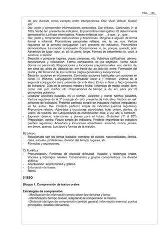 PÁG. 159
de, por, durante, como, excepto, entre. Interjecciones: Olá!, Viva!, Adeus!, Oxalá!,
Ah!
- Dar, pedir y comprender informaciones personales. Dar énfasis. Cardinales (1 al
100). Verbo ter: presente de indicativo. El pronombre interrogativo. El determinante
demostrativo. La frase interrogativa. Frases enfáticas con: …é que…y…que…
- Dar, pedir y comprender instrucciones y direcciones. Dirigirse a alguien de forma
formal e informal. Pronombres personales reflejos: me, te, se, nos. Verbos
regulares de la primera conjugación (-ar): presente de indicativo. Pronombres
demostrativos. La oración compuesta. Conjunciones: e, ou, porque, quando, pois.
Adverbios de lugar: aquí, aí, ali, lá, perto, longe. Formas de tratamiento: tu, você, a
senhora, o senhor.
- Describir y comparar lugares, cosas, personas, etc. Adjetivos calificativos: género,
concordancia y colocación. Forma comparativa de los adjetivos. Verbo haver
(forma no personal). Preposiciones y locuciones preposicionales: em, dentro de,
em cima de, atrás de, debaixo de, em frente de, ao lado de, entre. Formación del
plural y del femenino de los nombres (reglas generales y excepciones).
- Describir acciones en el presente. Contrastar acciones habituales con acciones en
curso. El infinitivo. Conjugación perifrástica: estar a + infinitivo. Verbos de la
segunda conjugación (-er): presente de indicativo. Estou a fazer y faço (presente
de indicativo). Días de la semana, meses y fecha. Adverbios de modo: assim, bem,
como, mal, pior, melhor, etc. Preposiciones de tiempo: a, de, em, para, por. El
pronombre posesivo.
- Localizar acciones pasadas en el tiempo. Describir y narrar hechos pasados.
Verbos regulares de la 3ª conjugación (-ir): presente de indicativo. Verbos en -air:
presente de indicativo. Pretérito perfecto simple de indicativo (verbos irregulares):
eu fui, estive, tive. Pretérito perfecto simple de indicativo (verbos regulares).
Pronombre relativo. Adverbios y locuciones adverbiales: hoje, ontem, dantes, ás
vezes, de repente, etc. Conjunciones de coordinación: mas, e, ou, até, a, também.
- Expresar deseos, intenciones y planes para el futuro. Ordinales (1º al 20º).
Preposición: contra. Futuro simple de indicativo. Pretérito imperfecto de indicativo
(verbos regulares). Adverbios y locuciones adverbiales: amanhã, nunca, jamais,
em breve, apenas. Los tipos y formas de la oración.
B) Léxico.
- Relacionado con los temas tratados: nombres de países, nacionalidades, familia,
casa, escuela, profesiones, división del tiempo, lugares, etc.
- Fórmulas y expresiones.
C) Fonética.
- Pronunciación. Fonemas de especial dificultad. Vocales y diptongos orales.
Vocales y diptongos nasales. Consonantes y grupos consonánticos. La división
silábica.
- Acentuación: acento tónico y gráfico.
- Entonación de frases.
- Ritmo.
2º ESO
Bloque 1. Comprensión de textos orales
Estrategias de comprensión
- Movilización de información previa sobre tipo de tarea y tema.
- Identificación del tipo textual, adaptando la comprensión al mismo.
- Distinción de tipos de comprensión (sentido general, información esencial, puntos
principales, detalles relevantes).
 