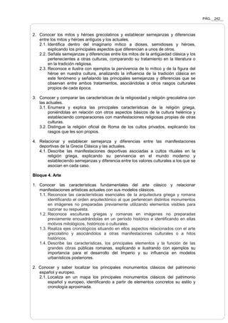 PÁG. 242
2. Conocer los mitos y héroes grecolatinos y establecer semejanzas y diferencias
entre los mitos y héroes antiguos y los actuales.
2.1. Identifica dentro del imaginario mítico a dioses, semidioses y héroes,
explicando los principales aspectos que diferencian a unos de otros.
2.2. Señala semejanzas y diferencias entre los mitos de la antigüedad clásica y los
pertenecientes a otras culturas, comparando su tratamiento en la literatura o
en la tradición religiosa.
2.3. Reconoce e ilustra con ejemplos la pervivencia de lo mítico y de la figura del
héroe en nuestra cultura, analizando la influencia de la tradición clásica en
este fenómeno y señalando las principales semejanzas y diferencias que se
observan entre ambos tratamientos, asociándolas a otros rasgos culturales
propios de cada época.
3. Conocer y comparar las características de la religiosidad y religión grecolatina con
las actuales.
3.1. Enumera y explica las principales características de la religión griega,
poniéndolas en relación con otros aspectos básicos de la cultura helénica y
estableciendo comparaciones con manifestaciones religiosas propias de otras
culturas.
3.2. Distingue la religión oficial de Roma de los cultos privados, explicando los
rasgos que les son propios.
4. Relacionar y establecer semejanza y diferencias entre las manifestaciones
deportivas de la Grecia Clásica y las actuales.
4.1. Describe las manifestaciones deportivas asociadas a cultos rituales en la
religión griega, explicando su pervivencia en el mundo moderno y
estableciendo semejanzas y diferencia entre los valores culturales a los que se
asocian en cada caso.
Bloque 4. Arte
1. Conocer las características fundamentales del arte clásico y relacionar
manifestaciones artísticas actuales con sus modelos clásicos.
1.1. Reconoce las características esenciales de la arquitectura griega y romana
identificando el orden arquitectónico al que pertenecen distintos monumentos
en imágenes no preparadas previamente utilizando elementos visibles para
razonar su respuesta.
1.2. Reconoce esculturas griegas y romanas en imágenes no preparadas
previamente encuadrándolas en un período histórico e identificando en ellas
motivos mitológicos, históricos o culturales.
1.3. Realiza ejes cronológicos situando en ellos aspectos relacionados con el arte
grecolatino y asociándolos a otras manifestaciones culturales o a hitos
históricos.
1.4. Describe las características, los principales elementos y la función de las
grandes obras públicas romanas, explicando e ilustrando con ejemplos su
importancia para el desarrollo del Imperio y su influencia en modelos
urbanísticos posteriores.
2. Conocer y saber localizar los principales monumentos clásicos del patrimonio
español y europeo.
2.1. Localiza en un mapa los principales monumentos clásicos del patrimonio
español y europeo, identificando a partir de elementos concretos su estilo y
cronología aproximada.
 