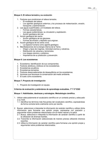 PÁG. 27
Bloque 5. El relieve terrestre y su evolución
1. Factores que condicionan el relieve terrestre.
- El modelado del relieve.
- Los agentes geológicos externos y los procesos de meteorización, erosión,
transporte y sedimentación.
2. Las aguas superficiales y el modelado del relieve.
- Formas características.
- Las aguas subterráneas, su circulación y explotación.
- Acción geológica del mar.
3. Acción geológica del viento.
- Acción geológica de los glaciares.
- Formas de erosión y depósito que originan.
4. Acción geológica de los seres vivos.
- La especie humana como agente geológico.
5. Manifestaciones de la energía interna de la Tierra.
- Origen y tipos de magmas. Actividad sísmica y volcánica.
- Distribución de volcanes y terremotos.
- Los riesgos sísmico y volcánico.
- Importancia de su predicción y prevención.
Bloque 6. Los ecosistemas
1. Ecosistema: identificación de sus componentes.
2. Factores abióticos y bióticos en los ecosistemas.
3. Ecosistemas acuáticos.
4. Ecosistemas terrestres.
5. Factores desencadenantes de desequilibrios en los ecosistemas.
6. Acciones que favorecen la conservación del medio ambiente.
7. El suelo como ecosistema.
Bloque 7. Proyecto de investigación
1. Proyecto de investigación en equipo.
Criterios de evaluación y estándares de aprendizaje evaluables. 1º Y 3º ESO
Bloque 1. Habilidades, destrezas y estrategias. Metodología científica.
1. Utilizar adecuadamente el vocabulario científico en un contexto preciso y adecuado
a su nivel.
1.1. Identifica los términos más frecuentes del vocabulario científico, expresándose
de forma correcta tanto oralmente como por escrito.
2. Buscar, seleccionar e interpretar la información de carácter científico y utilizar dicha
información para formarse una opinión propia, expresarse con precisión y
argumentar sobre problemas relacionados con el medio natural y la salud.
2.1. Busca, selecciona e interpreta la información de carácter científico a partir de
la utilización de diversas fuentes.
2.2. Transmite la información seleccionada de manera precisa utilizando diversos
soportes.
2.3. Utiliza la información de carácter científico para formarse una opinión propia y
argumentar sobre problemas relacionados.
 