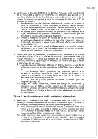 PÁG. 332
6. Comprender el desarrollo histórico de los derechos humanos, como una conquista
de la humanidad y estimar la importancia del problema que plantea en la
actualidad el ejercicio de los derechos de la mujer y del niño en gran parte del
mundo, conociendo sus causas y tomando conciencia de ellos con el fin de
promover su solución.
6.1. Describe los hechos más influyentes en el desarrollo histórico de los derechos
humanos, partiendo de la Primera generación: los derechos civiles y políticos;
los de la Segunda generación: económicos, sociales y culturales y los de la
Tercera: los derechos de los pueblos a la solidaridad, el desarrollo y la paz.
6.2. Da razones acerca del origen histórico del problema de los derechos de la
mujer, reconociendo los patrones económicos y socioculturales que han
fomentado la violencia y la desigualdad de género.
6.3. Justifica la necesidad de actuar en defensa de los derechos de la infancia,
luchando contra la violencia y el abuso del que niños y niñas son víctimas en
el siglo XXI, tales como el abuso sexual, el trabajo infantil, o su utilización
como soldados, etc.
6.4. Emprende, en colaboración grupal, la elaboración de una campaña contra la
discriminación de la mujer y la violencia de género en su entorno familiar,
escolar y social, evaluando los resultados obtenidos.
7. Evaluar, utilizando el juicio crítico, la magnitud de los problemas a los que se
enfrenta la aplicación de la DUDH, en la actualidad, apreciando la labor que
realizan instituciones y ONGs que trabajan por la defensa de los derechos
humanos, auxiliando a aquéllos que por naturaleza los poseen, pero que no tienen
la oportunidad de ejercerlos.
7.1. Investiga mediante información obtenida en distintas fuentes, acerca de los
problemas y retos que tiene la aplicación de la DUDH en cuanto al ejercicio
de:
- Los Derechos civiles, destacando los problemas relativos a la
intolerancia, la exclusión social, la discriminación de la mujer, la violencia de
género y la existencia de actitudes como: la homofobia, el racismo, la
xenofobia, el acoso laboral y escolar, etc.
- Los Derechos políticos: guerras, terrorismo, dictaduras, genocidio,
refugiados políticos, etc.
7.2. Indaga, en trabajo colaborativo, acerca del trabajo de instituciones y
voluntarios que, en todo el mundo, trabajan por el cumplimiento de los
Derechos Humanos, tales como: Amnistía Internacional y ONGs como Manos
Unidas, Médicos sin Frontera y Caritas, entre otros, elaborando y expresando
sus conclusiones.
Bloque 6. Los valores éticos y su relación con la ciencia y la tecnología
1. Reconocer la importancia que tiene la dimensión moral de la ciencia y la
tecnología, así como la necesidad de establecer límites éticos y jurídicos con el fin
de orientar su actividad conforme a los valores defendidos por la DUDH.
1.1. Utiliza información de distintas fuentes para analizar la dimensión moral de la
ciencia y la tecnología, evaluando el impacto positivo y negativo que éstas
pueden tener en todos los ámbitos de la vida humana, por ejemplo: social,
económica, política, ética y ecológica, entre otros.
1.2. Aporta argumentos que fundamenten la necesidad de poner límites éticos y
jurídicos a la investigación y práctica tanto científica como tecnológica,
tomando la dignidad humana y los valores éticos reconocidos en la DUDH
como criterio normativo.
 