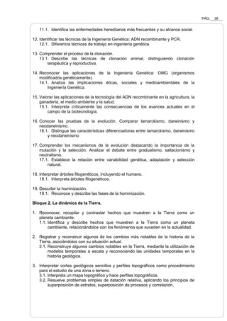 PÁG. 38
11.1. Identifica las enfermedades hereditarias más frecuentes y su alcance social.
12. Identificar las técnicas de la Ingeniería Genética: ADN recombinante y PCR.
12.1. Diferencia técnicas de trabajo en ingeniería genética.
13. Comprender el proceso de la clonación.
13.1. Describe las técnicas de clonación animal, distinguiendo clonación
terapéutica y reproductiva.
14. Reconocer las aplicaciones de la Ingeniería Genética: OMG (organismos
modificados genéticamente).
14.1. Analiza las implicaciones éticas, sociales y medioambientales de la
Ingeniería Genética.
15. Valorar las aplicaciones de la tecnología del ADN recombinante en la agricultura, la
ganadería, el medio ambiente y la salud.
15.1. Interpreta críticamente las consecuencias de los avances actuales en el
campo de la biotecnología.
16. Conocer las pruebas de la evolución. Comparar lamarckismo, darwinismo y
neodarwinismo.
16.1. Distingue las características diferenciadoras entre lamarckismo, darwinismo
y neodarwinismo
17. Comprender los mecanismos de la evolución destacando la importancia de la
mutación y la selección. Analizar el debate entre gradualismo, saltacionismo y
neutralismo.
17.1. Establece la relación entre variabilidad genética, adaptación y selección
natural.
18. Interpretar árboles filogenéticos, incluyendo el humano.
18.1. Interpreta árboles filogenéticos.
19. Describir la hominización.
19.1. Reconoce y describe las fases de la hominización.
Bloque 2. La dinámica de la Tierra.
1. Reconocer, recopilar y contrastar hechos que muestren a la Tierra como un
planeta cambiante.
1.1. Identifica y describe hechos que muestren a la Tierra como un planeta
cambiante, relacionándolos con los fenómenos que suceden en la actualidad.
2. Registrar y reconstruir algunos de los cambios más notables de la historia de la
Tierra, asociándolos con su situación actual.
2.1. Reconstruye algunos cambios notables en la Tierra, mediante la utilización de
modelos temporales a escala y reconociendo las unidades temporales en la
historia geológica.
3. Interpretar cortes geológicos sencillos y perfiles topográficos como procedimiento
para el estudio de una zona o terreno.
3.1. Interpreta un mapa topográfico y hace perfiles topográficos.
3.2. Resuelve problemas simples de datación relativa, aplicando los principios de
superposición de estratos, superposición de procesos y correlación.
 